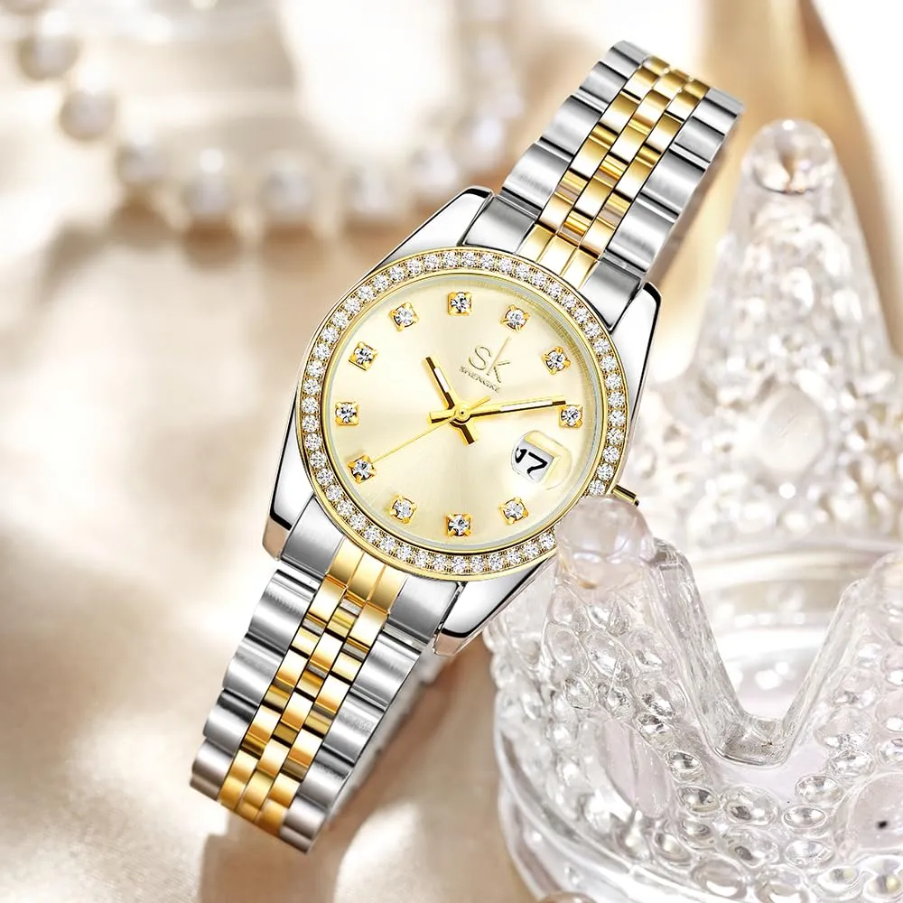 SHENGKE Orologio Donna al Quarzo con Cristalli e Calendario, Cinturino in Acciaio Solido (Argento-Oro), K0209L - immagine 3