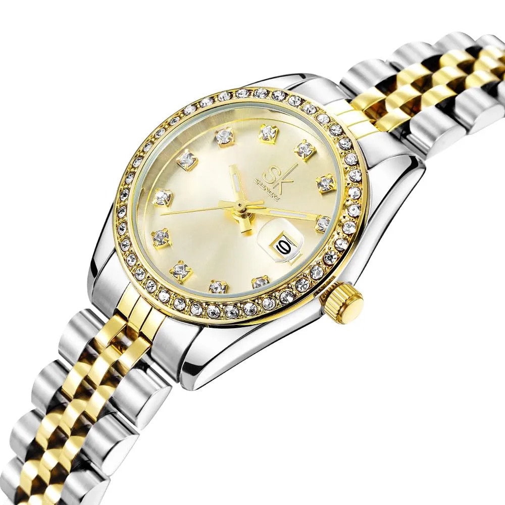 SHENGKE Orologio Donna al Quarzo con Cristalli e Calendario, Cinturino in Acciaio Solido (Argento-Oro), K0209L - immagine 4