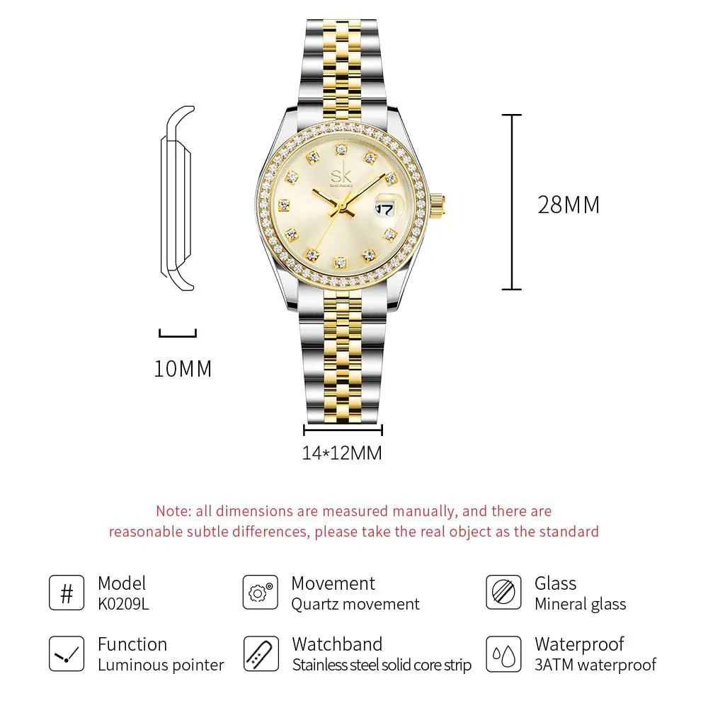 SHENGKE Orologio Donna al Quarzo con Cristalli e Calendario, Cinturino in Acciaio Solido (Argento-Oro), K0209L - immagine 6