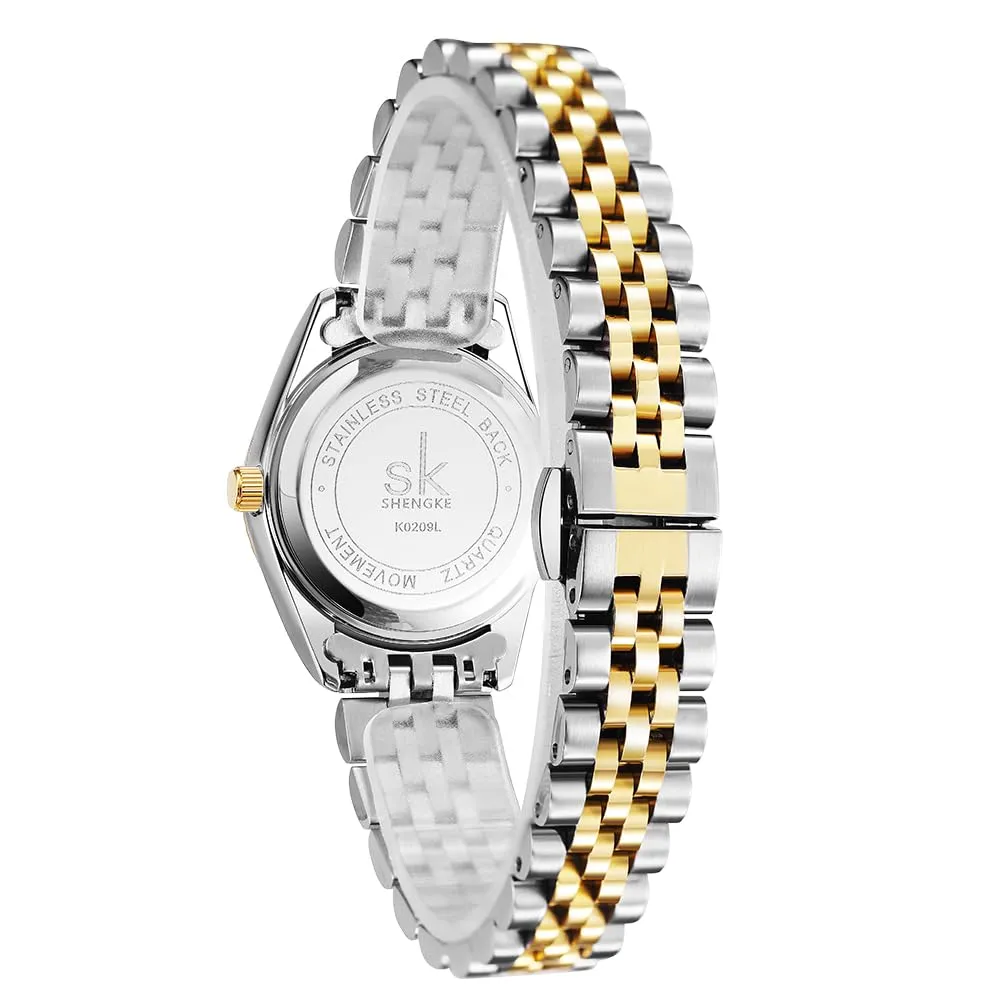 SHENGKE Orologio Donna al Quarzo con Cristalli e Calendario, Cinturino in Acciaio Solido (Argento-Oro), K0209L - immagine 7