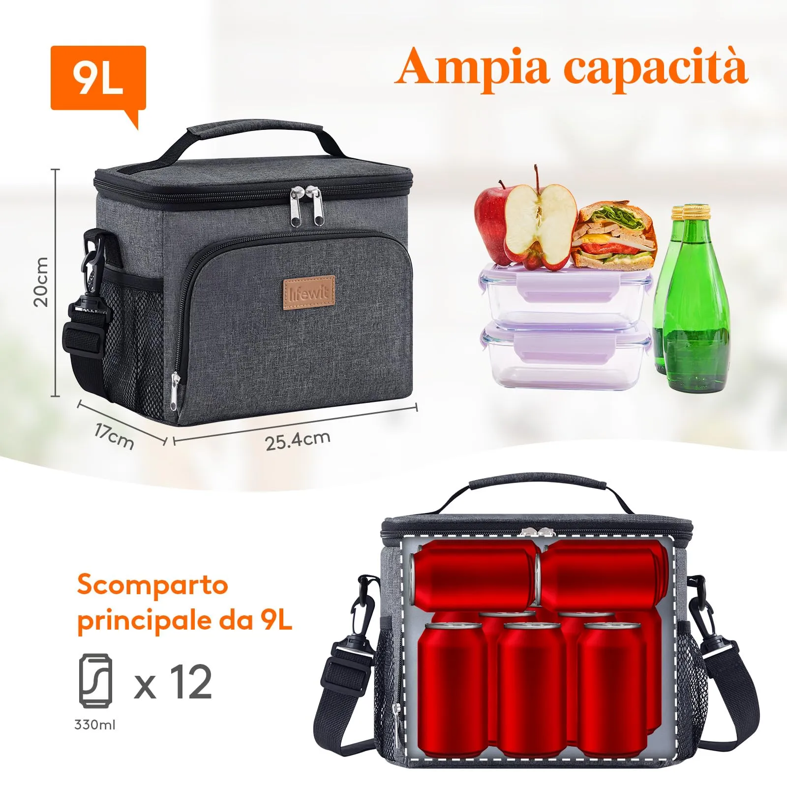 Lifewit Borsa Termica Porta Pranzo Impermeabile, 9L, Grigio Scuro - immagine 3