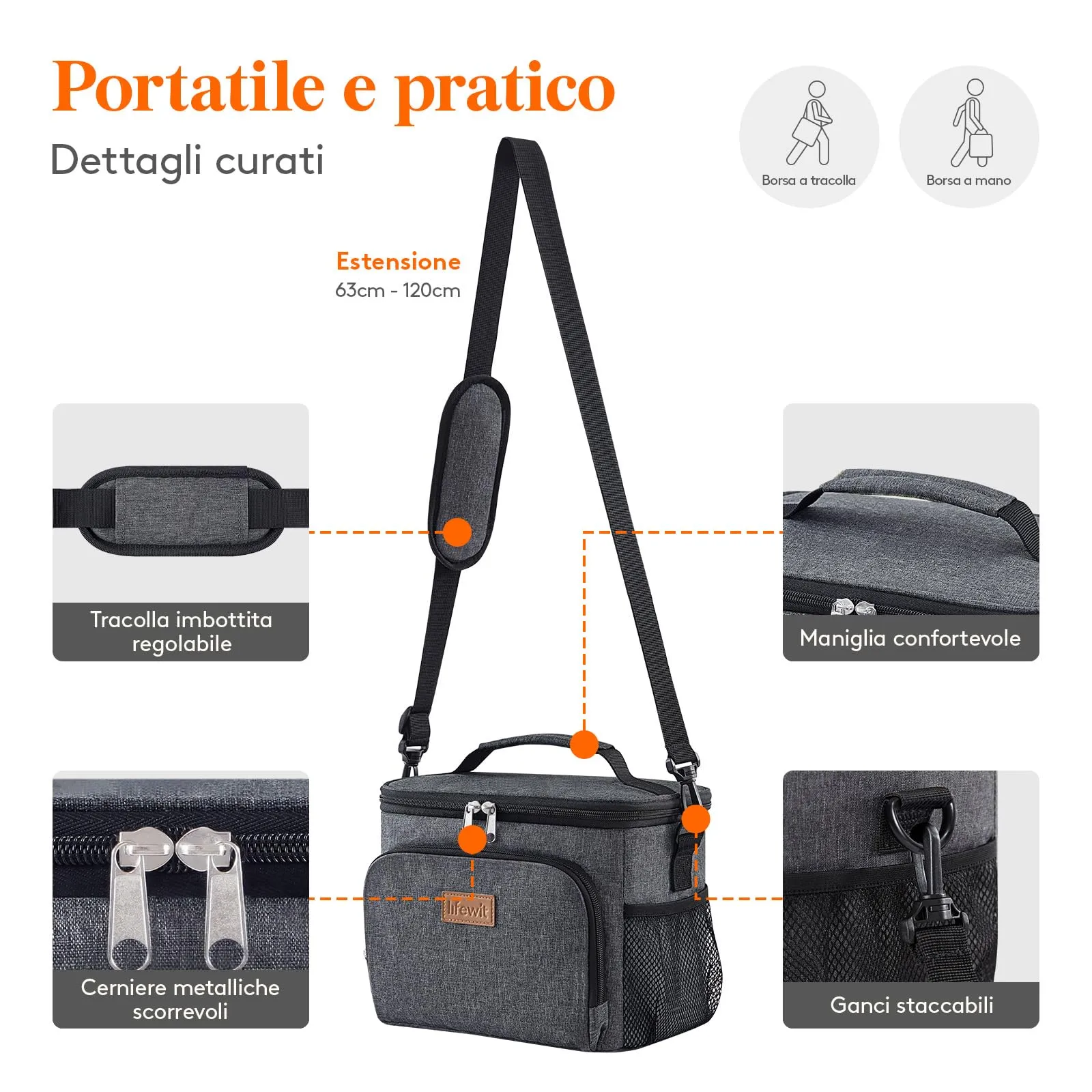 Lifewit Borsa Termica Porta Pranzo Impermeabile, 9L, Grigio Scuro - immagine 6