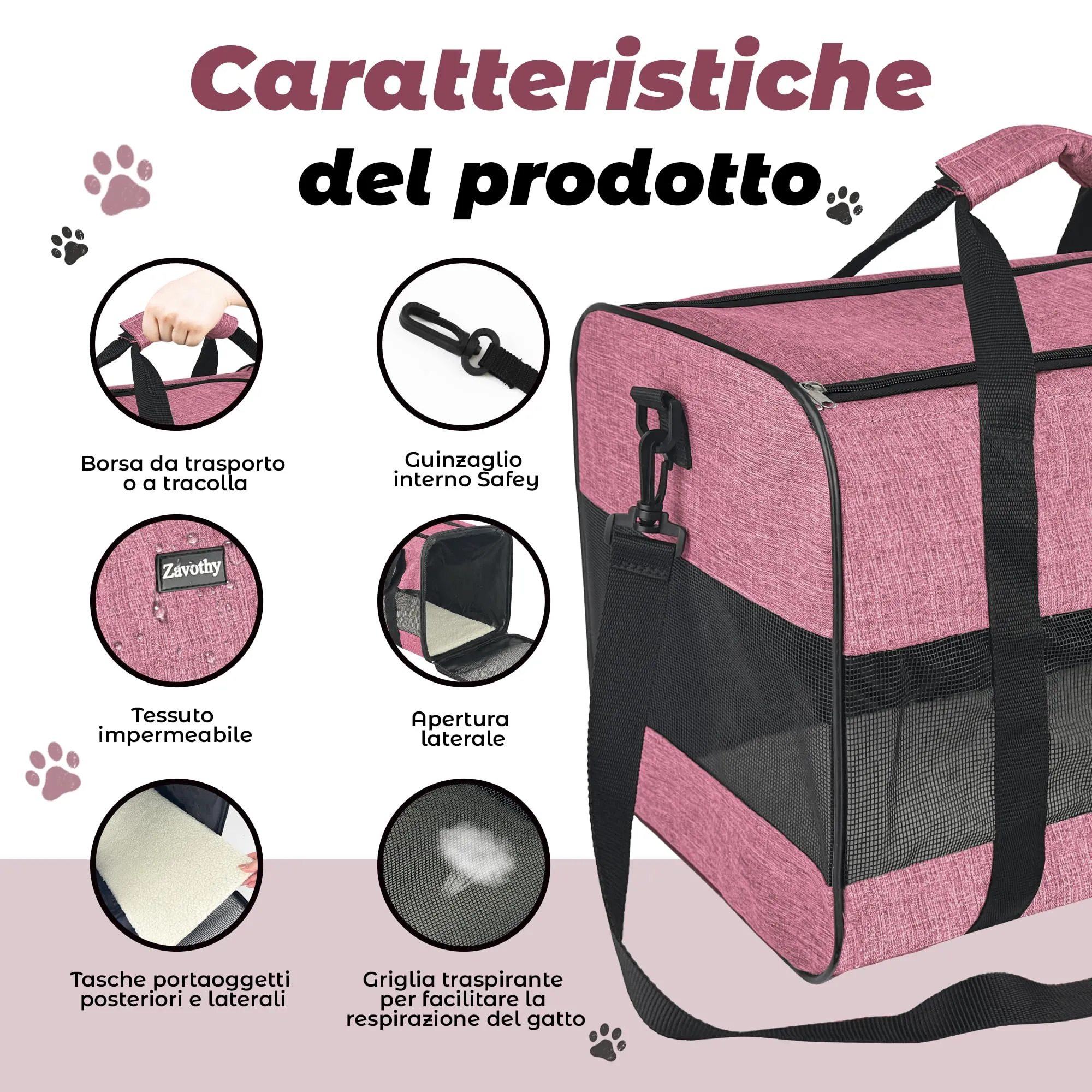 Zavothy Borsa Trasporto per Gatti e Cani, Traspirante e Pieghevole, con Tracolla Regolabile e Materasso Rimovibile, L, Rosa - immagine 3