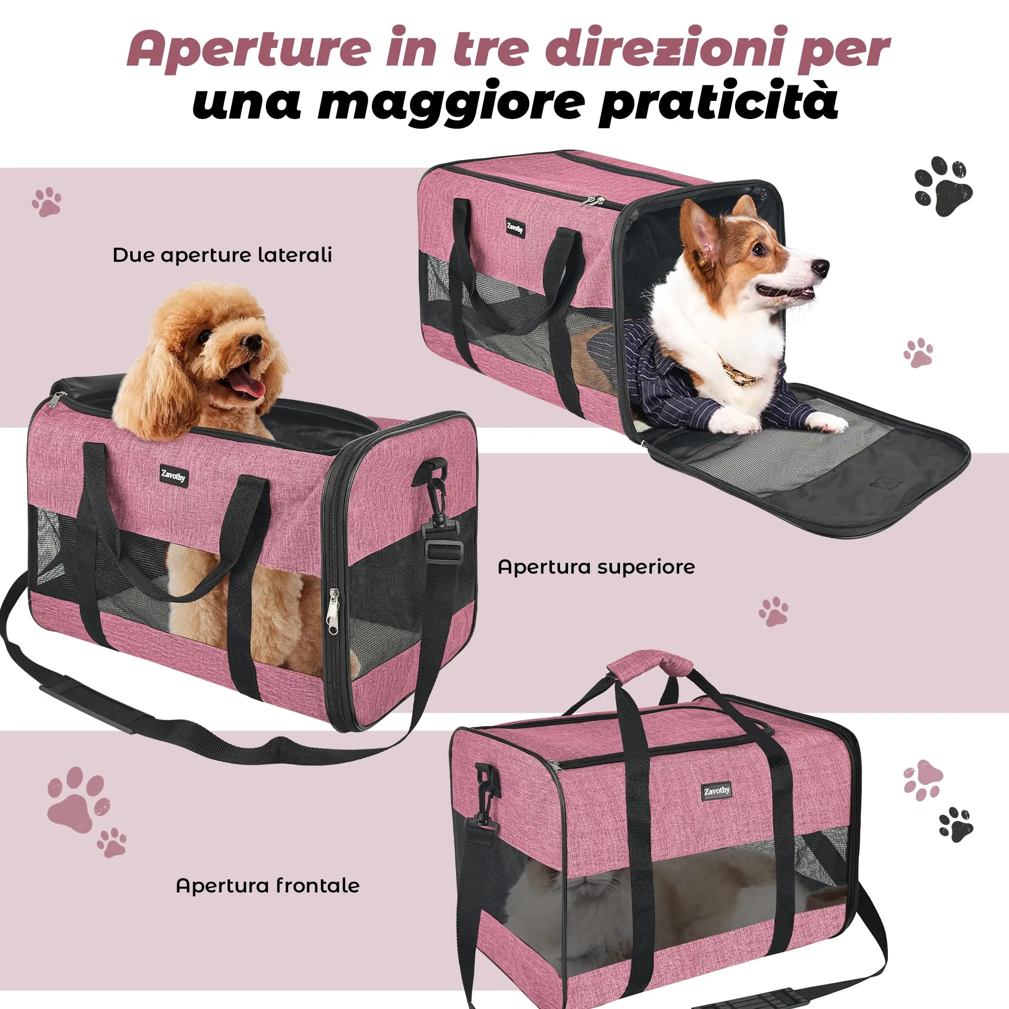 Zavothy Borsa Trasporto per Gatti e Cani, Traspirante e Pieghevole, con Tracolla Regolabile e Materasso Rimovibile, L, Rosa - immagine 4