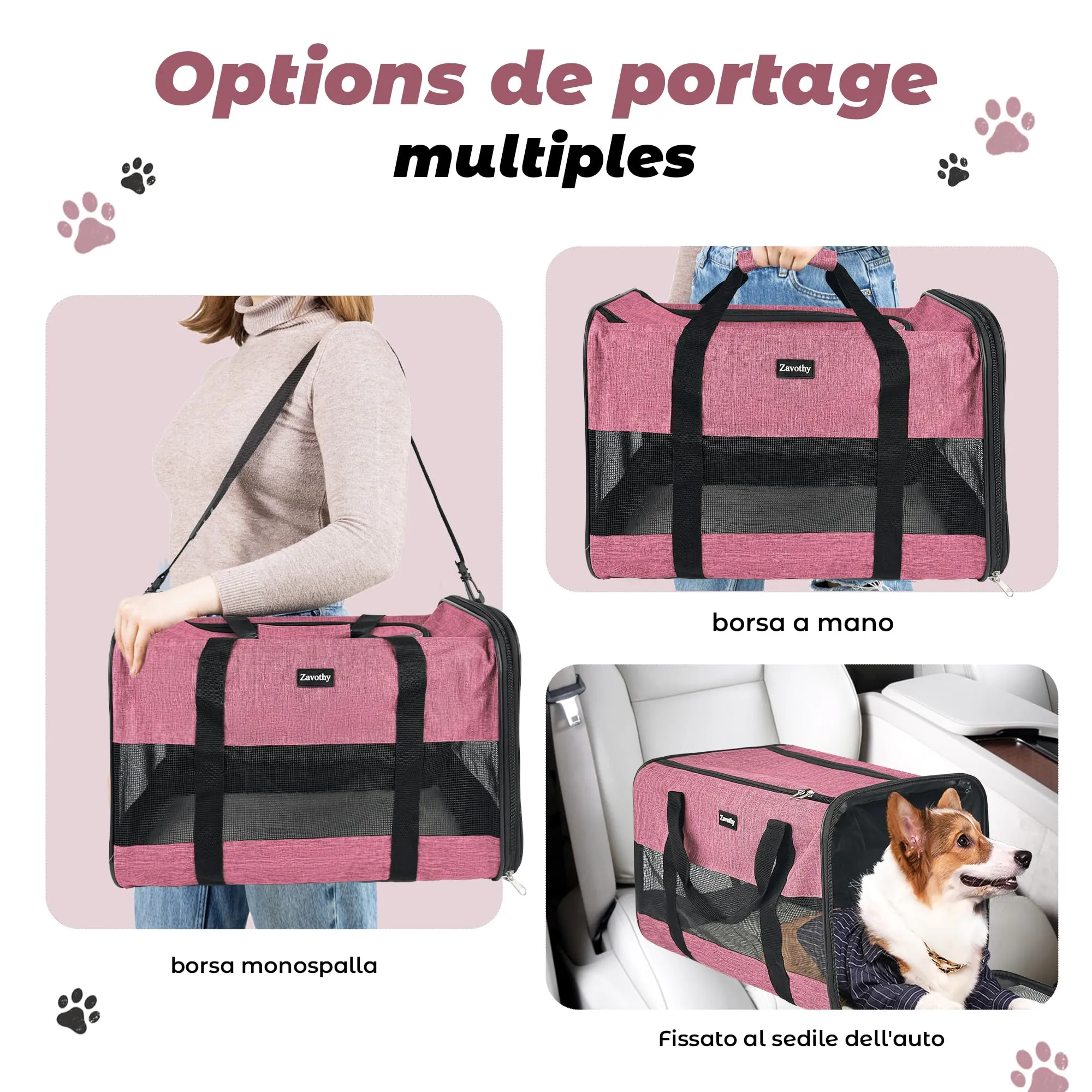 Zavothy Borsa Trasporto per Gatti e Cani, Traspirante e Pieghevole, con Tracolla Regolabile e Materasso Rimovibile, L, Rosa - immagine 5