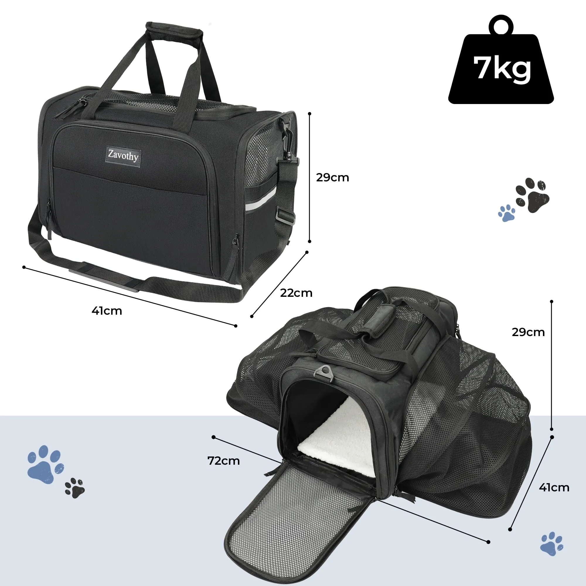 Zavothy Borsa per il Trasporto di Gatti e Cani, Traspirante e Pieghevole, con Tracolla Regolabile e Materasso in Peluche Rimovibile, XL, Nero - immagine 2
