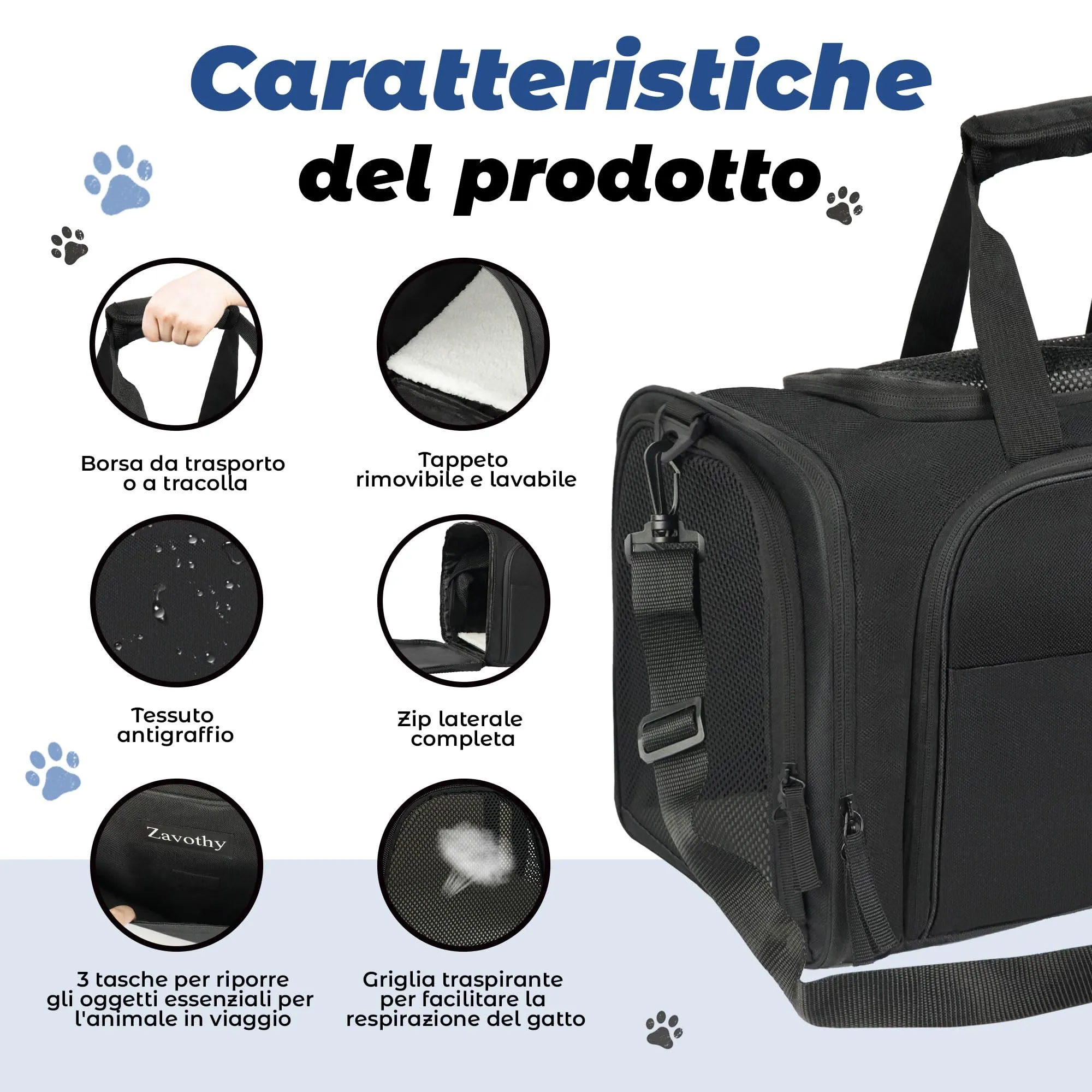 Zavothy Borsa per il Trasporto di Gatti e Cani, Traspirante e Pieghevole, con Tracolla Regolabile e Materasso in Peluche Rimovibile, XL, Nero - immagine 3