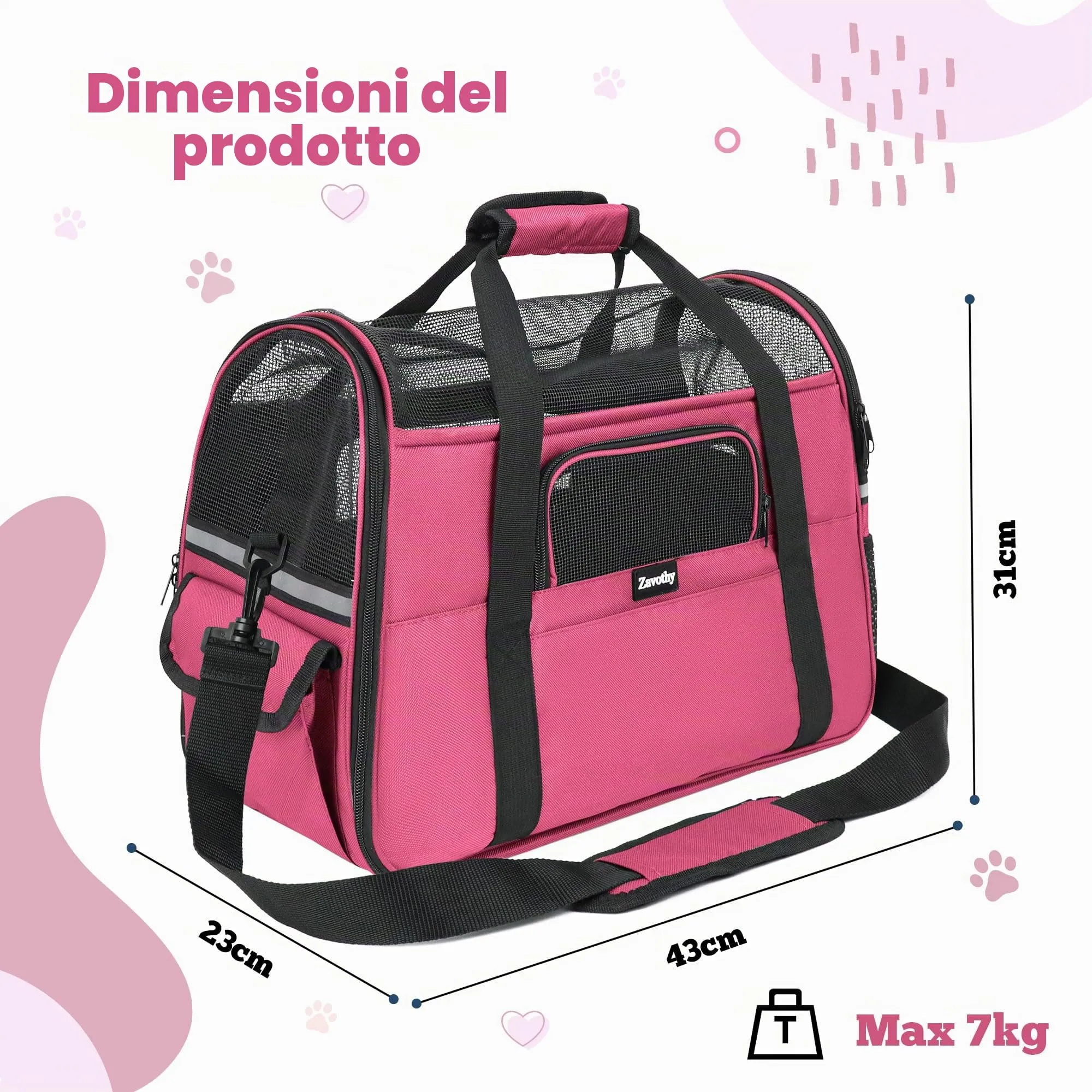 Zavothy Borsa per il Trasporto per Gatti e Cani, Traspirante e Pieghevole, con Tracolla Regolabile e Materasso in Peluche Rimovibile, M, Rosa - immagine 3