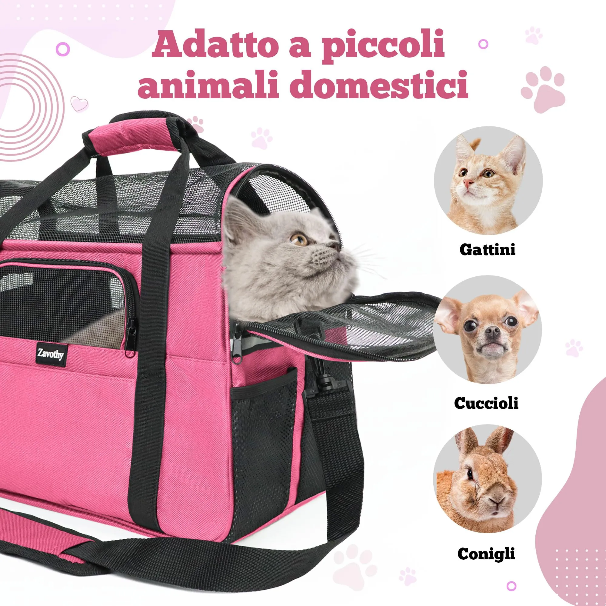 Zavothy Borsa per il Trasporto per Gatti e Cani, Traspirante e Pieghevole, con Tracolla Regolabile e Materasso in Peluche Rimovibile, M, Rosa - immagine 5