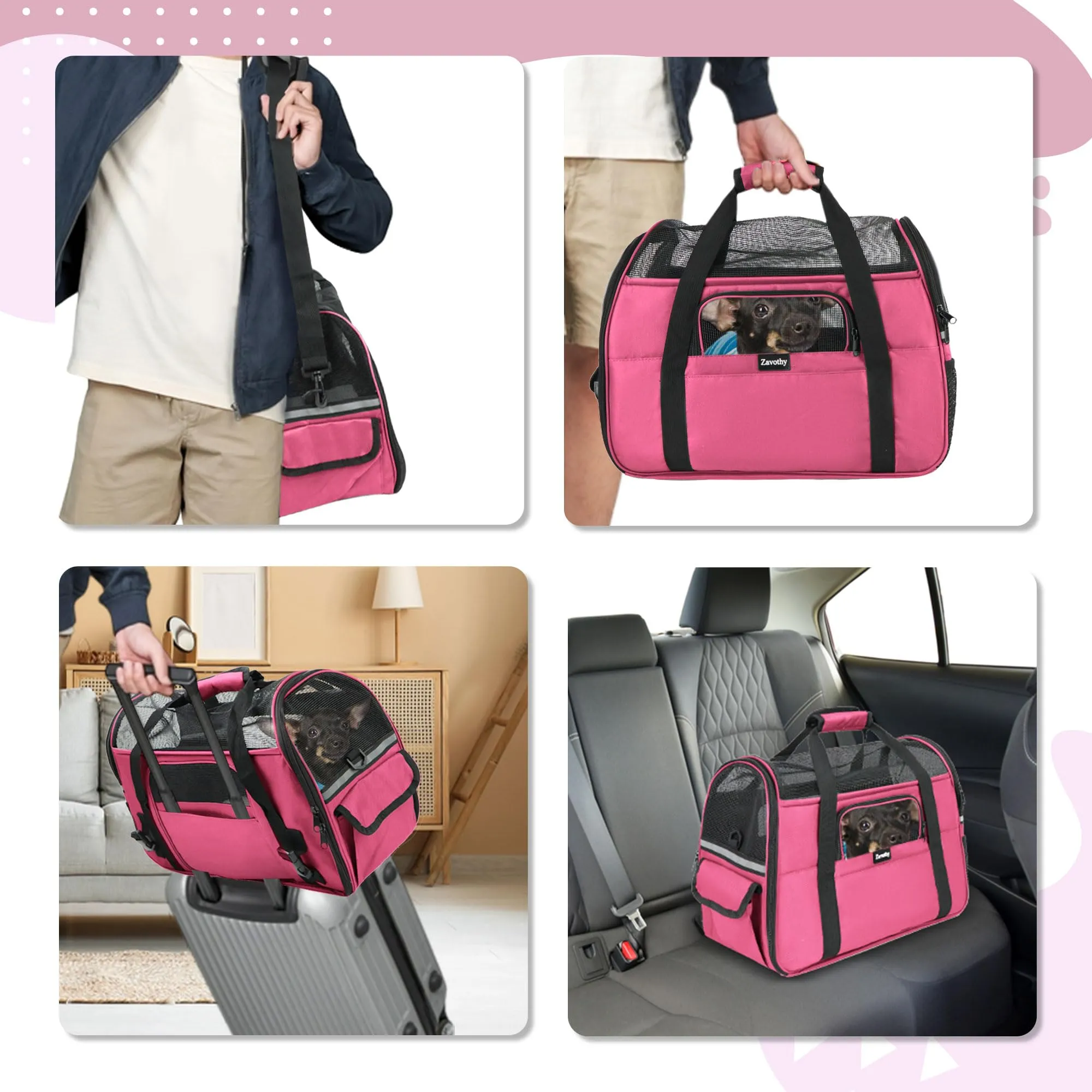 Zavothy Borsa per il Trasporto per Gatti e Cani, Traspirante e Pieghevole, con Tracolla Regolabile e Materasso in Peluche Rimovibile, M, Rosa - immagine 6