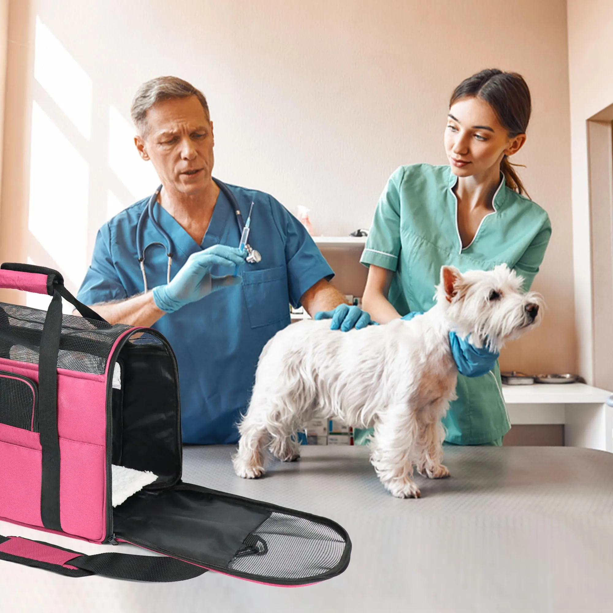 Zavothy Borsa per il Trasporto per Gatti e Cani, Traspirante e Pieghevole, con Tracolla Regolabile e Materasso in Peluche Rimovibile, M, Rosa - immagine 8