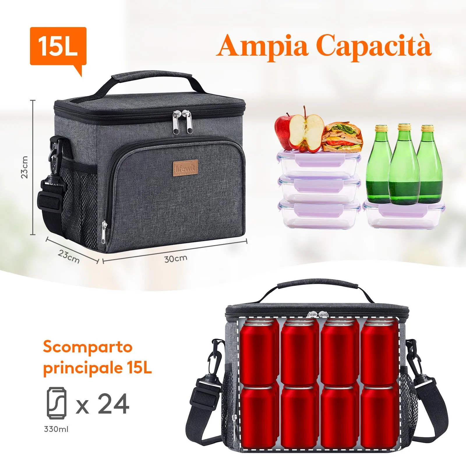 Lifewit Borsa Termica Porta Pranzo, Impermeabile con Tracolla, Grigio Scuro, 15L - immagine 3