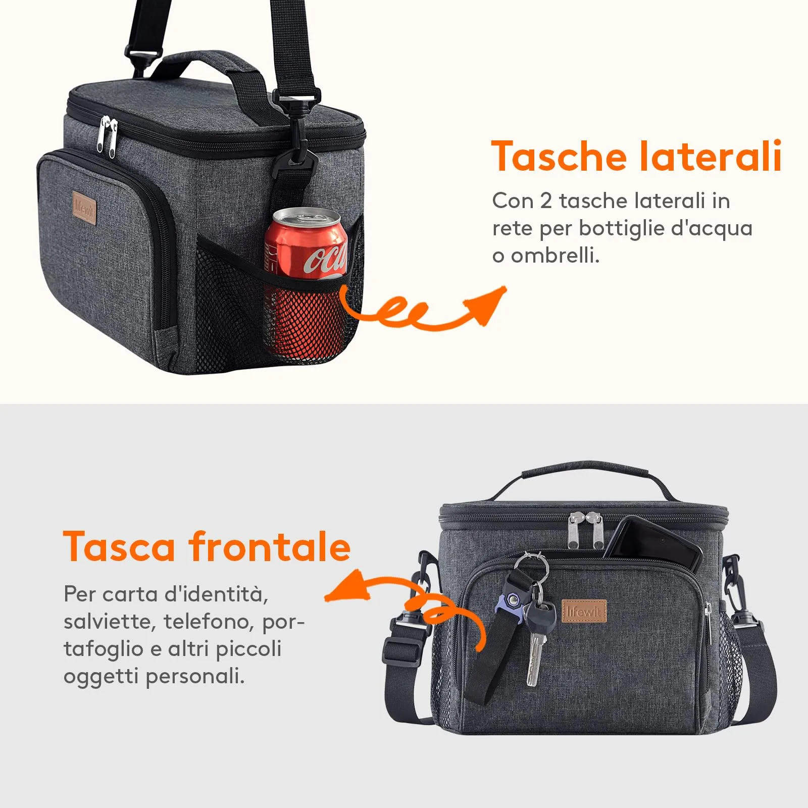Lifewit Borsa Termica Porta Pranzo, Impermeabile con Tracolla, Grigio Scuro, 15L - immagine 5