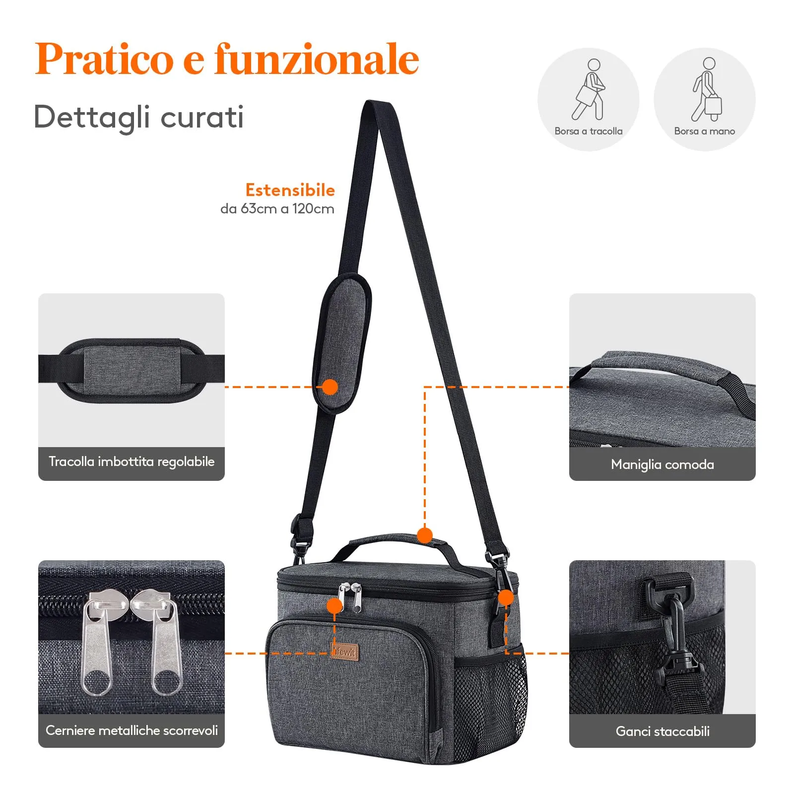 Lifewit Borsa Termica Porta Pranzo, Impermeabile con Tracolla, Grigio Scuro, 15L - immagine 6