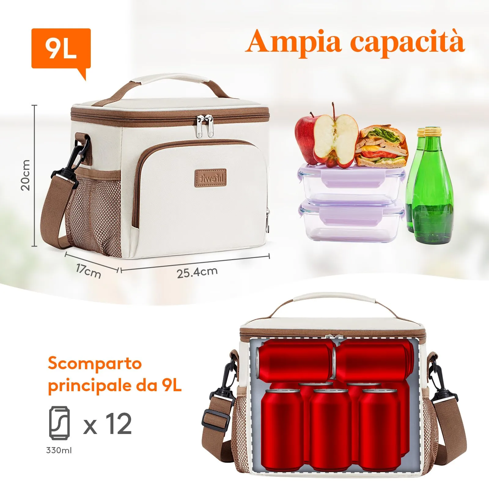 Lifewit Borsa Termica Porta Pranzo Impermeabile, 9L, Crema - immagine 3