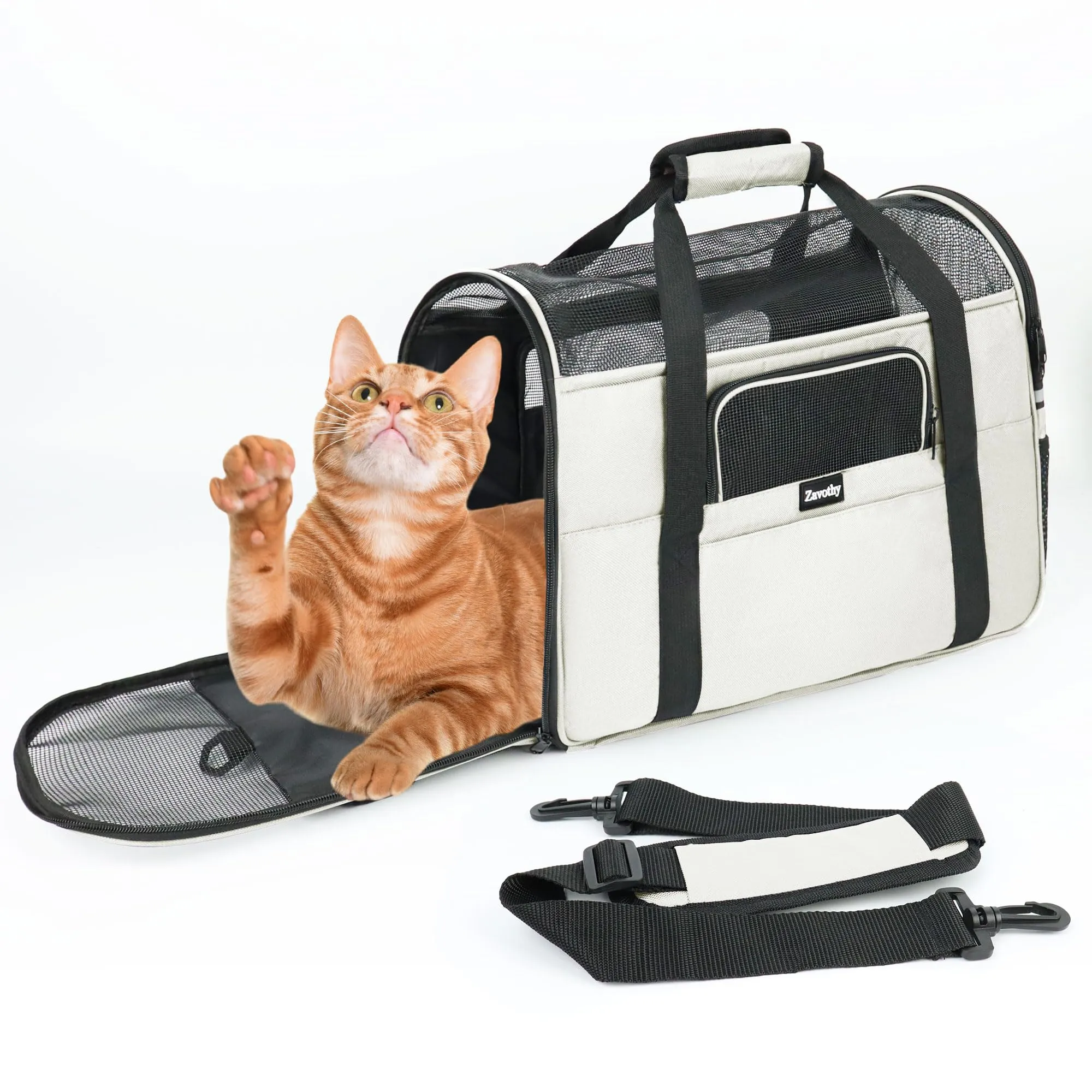 Zavothy Borsa per il Trasporto per Gatto e Cane, Traspirante e Pieghevole, con Tracolla Regolabile e Materasso in Peluche Rimovibile, M, Beige - immagine 2