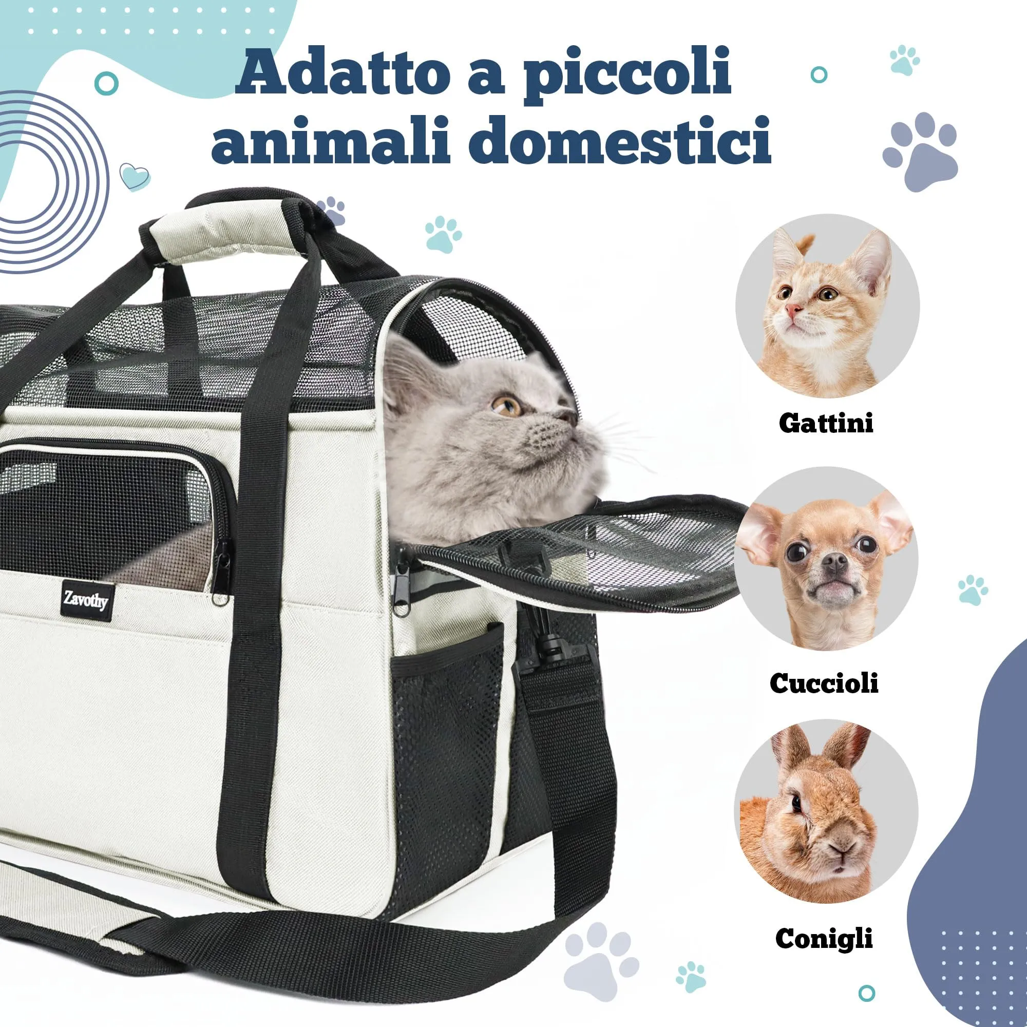 Zavothy Borsa per il Trasporto per Gatto e Cane, Traspirante e Pieghevole, con Tracolla Regolabile e Materasso in Peluche Rimovibile, M, Beige - immagine 5