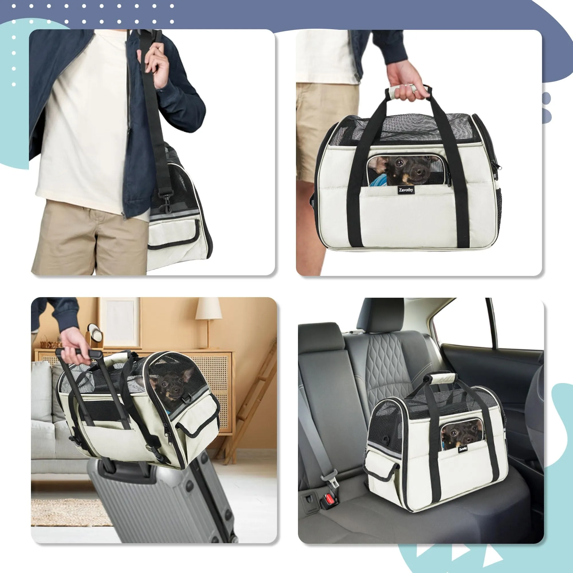Zavothy Borsa per il Trasporto per Gatto e Cane, Traspirante e Pieghevole, con Tracolla Regolabile e Materasso in Peluche Rimovibile, M, Beige - immagine 6