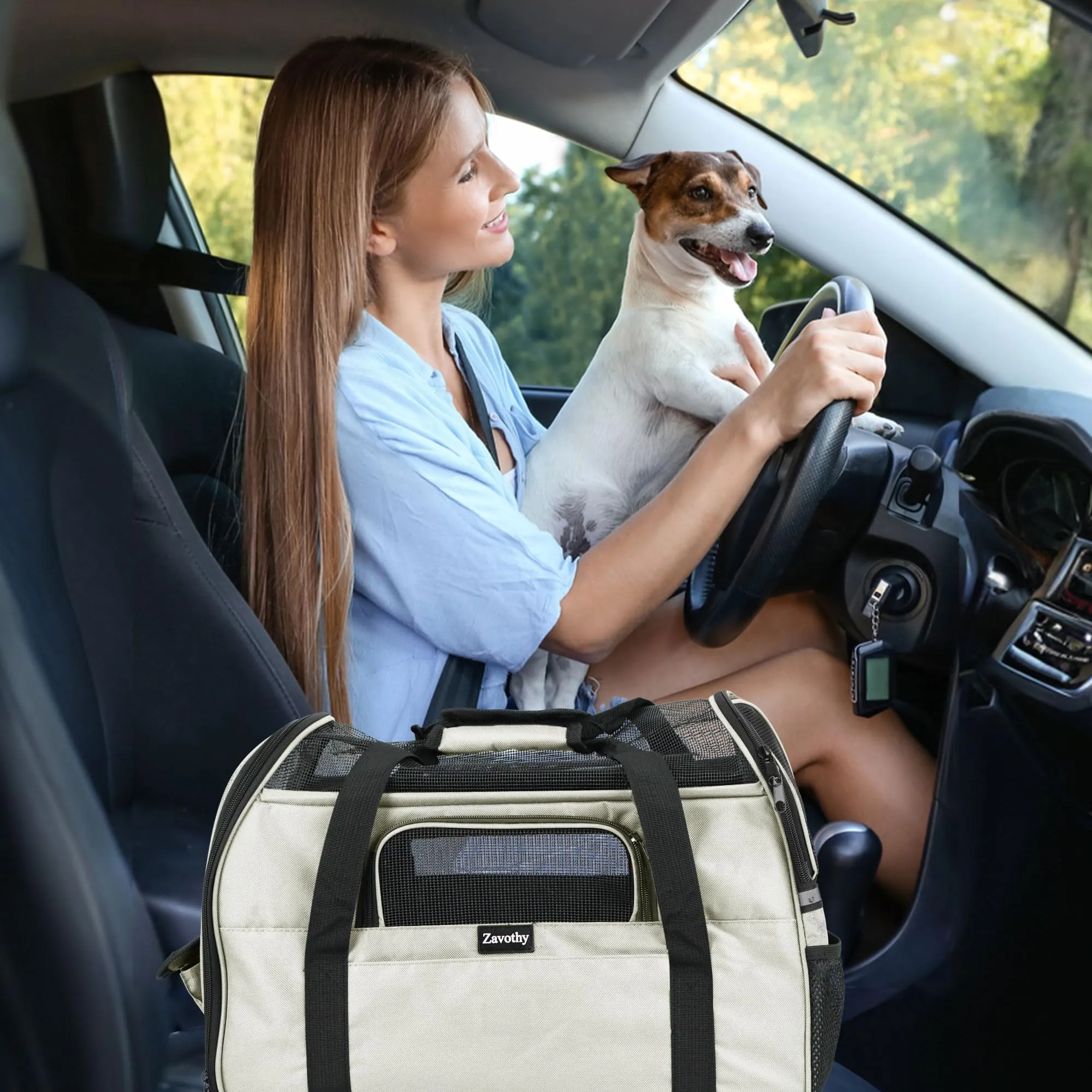 Zavothy Borsa per il Trasporto per Gatto e Cane, Traspirante e Pieghevole, con Tracolla Regolabile e Materasso in Peluche Rimovibile, M, Beige - immagine 7