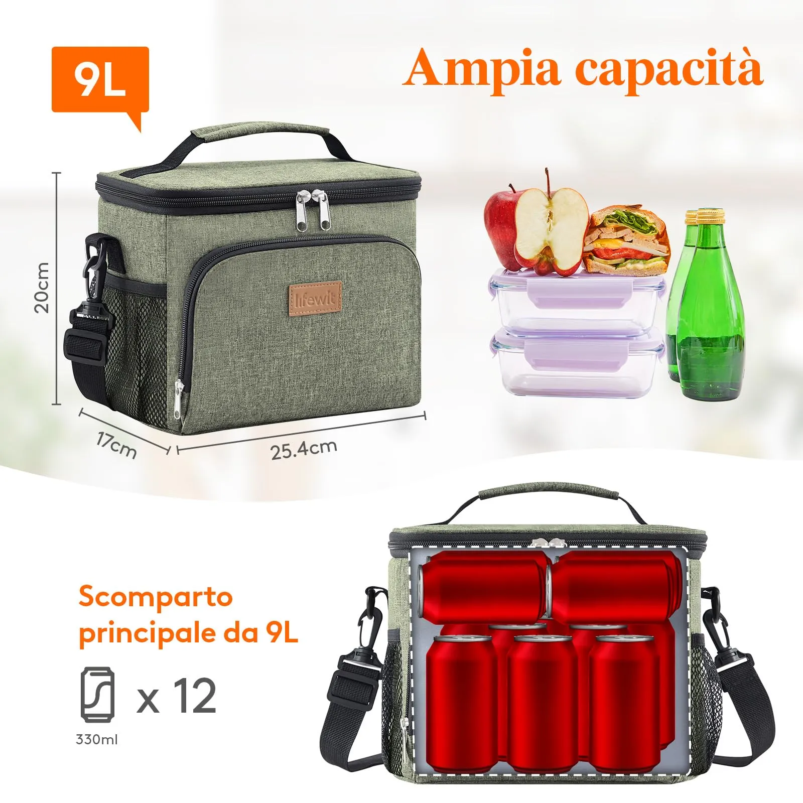 Lifewit Borsa Termica Porta Pranzo Impermeabile, 9L, Verde Scuro - immagine 3