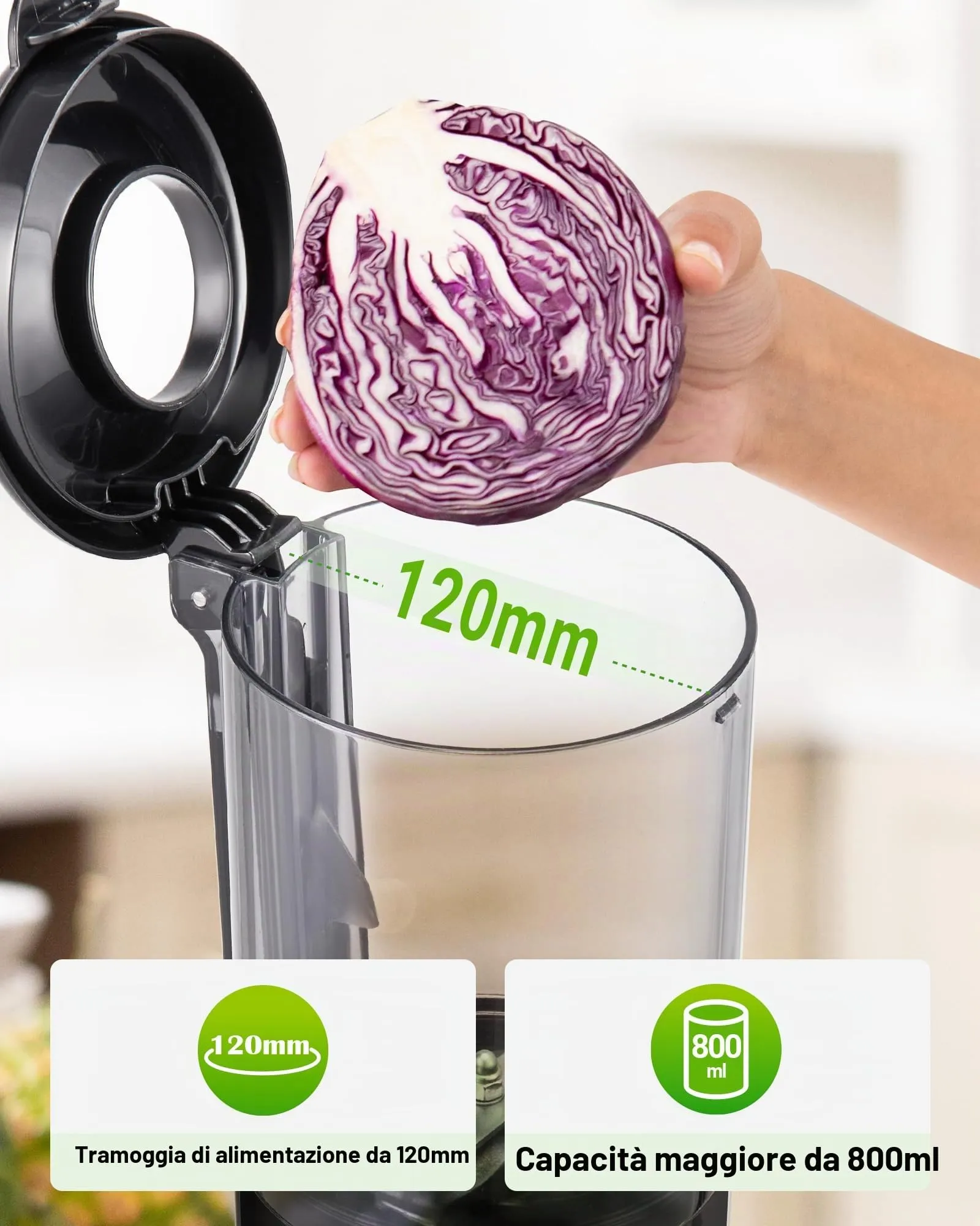 TUUMIIST Estrattore di Succo per Frutta e Verdura, 120 mm, 0,8L, Nero - immagine 3