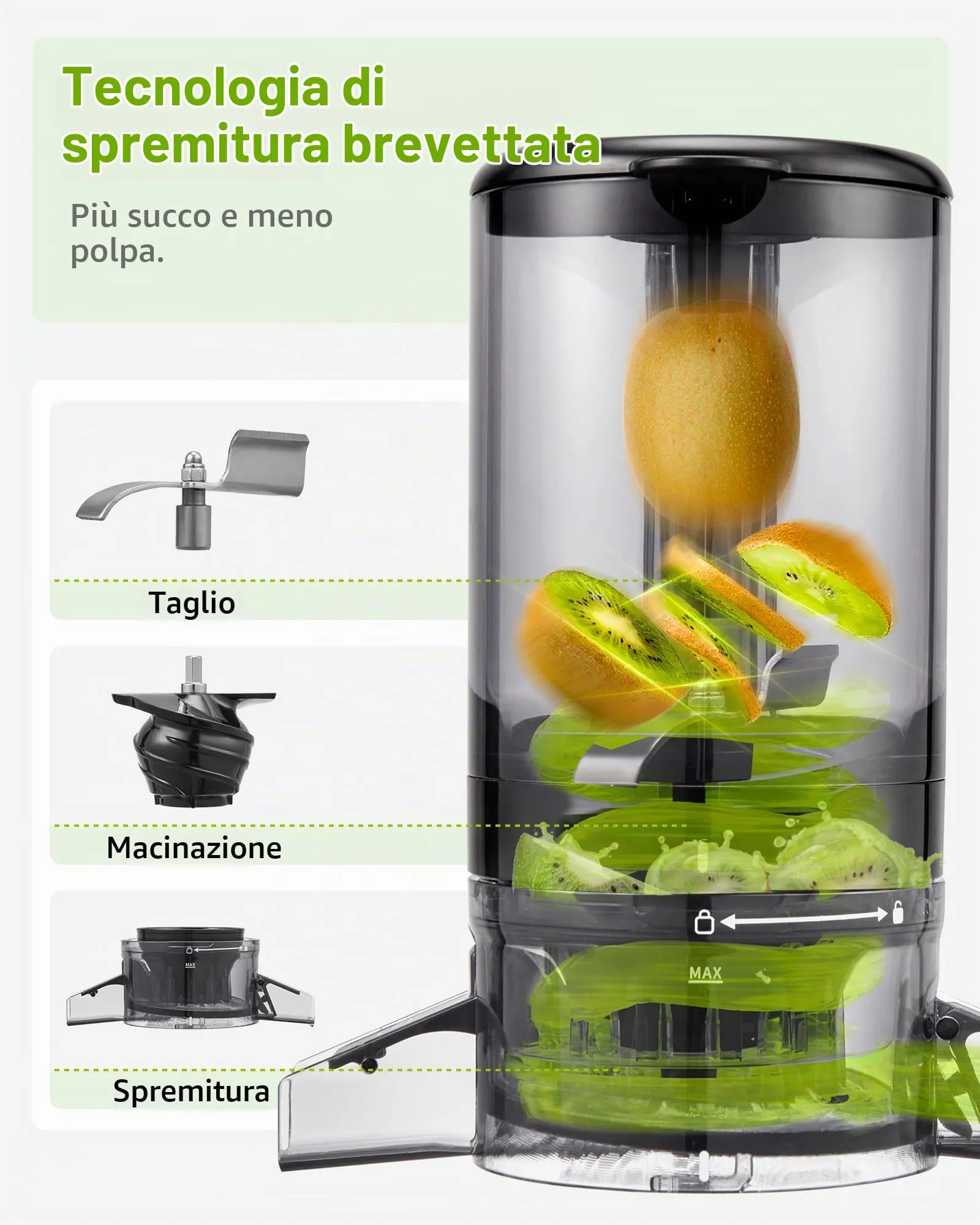 TUUMIIST Estrattore di Succo per Frutta e Verdura, 120 mm, 0,8L, Nero - immagine 6