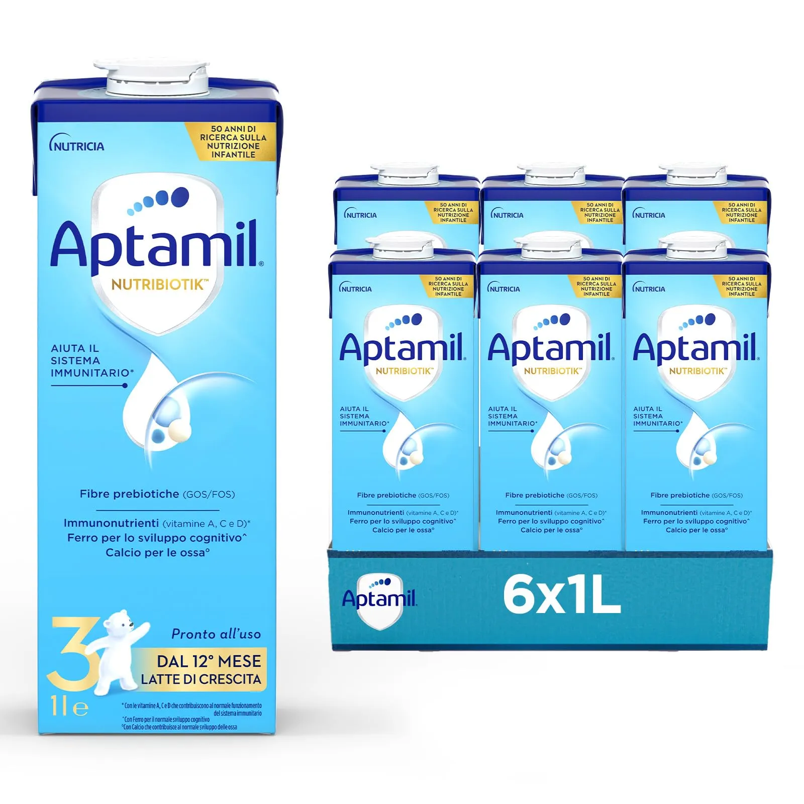 Aptamil 3 Latte di Crescita Liquido per Bambini dai 12 mesi, Pronto all'uso, 6 Litri (6x1L) - immagine 1