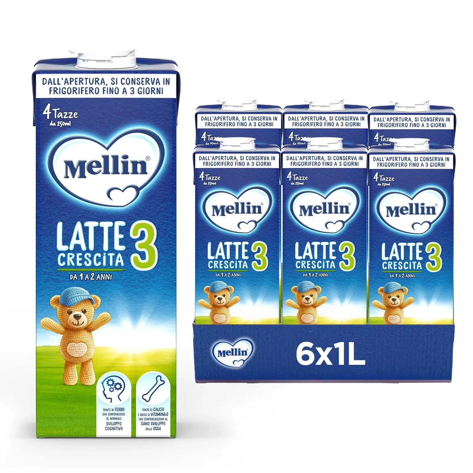 Mellin 3 Latte di Crescita Liquido per Bambini dal 1° al 2° anno, 6 x 1L - immagine 1