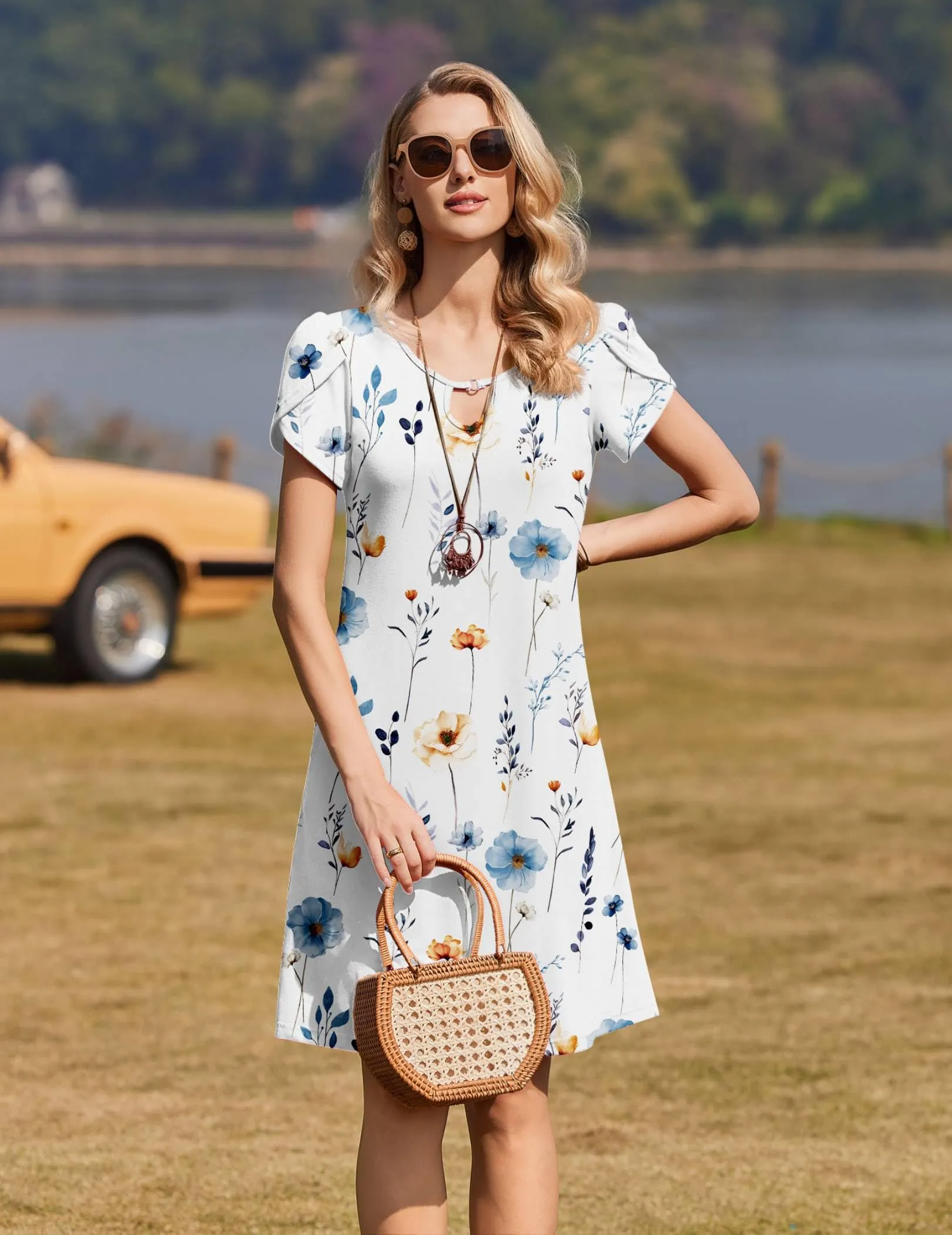 Zeagoo Abito Casual da Donna Floreale a Maniche Corte Bianco, XL - immagine 3