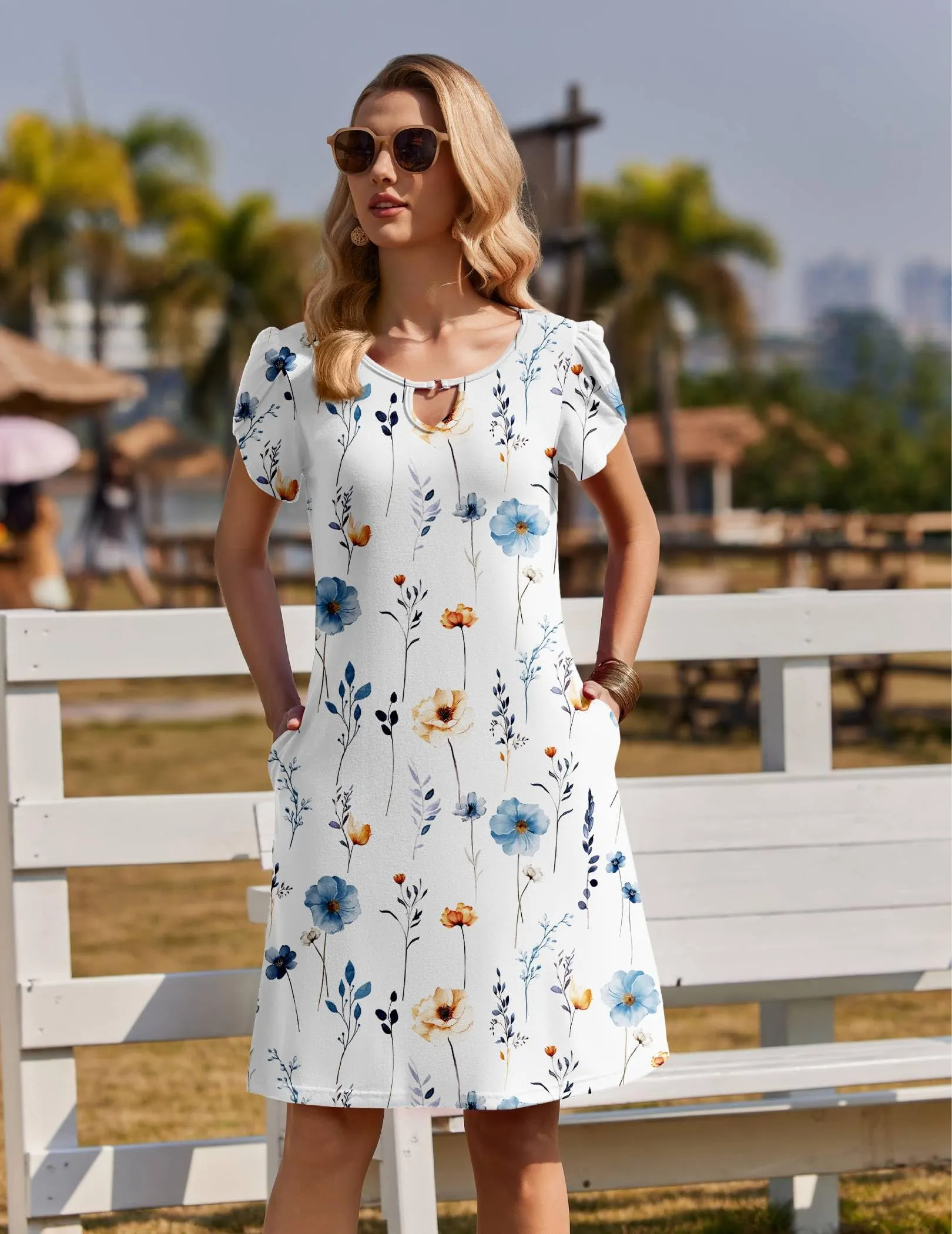 Zeagoo Abito Casual da Donna Floreale a Maniche Corte Bianco, XL - immagine 4