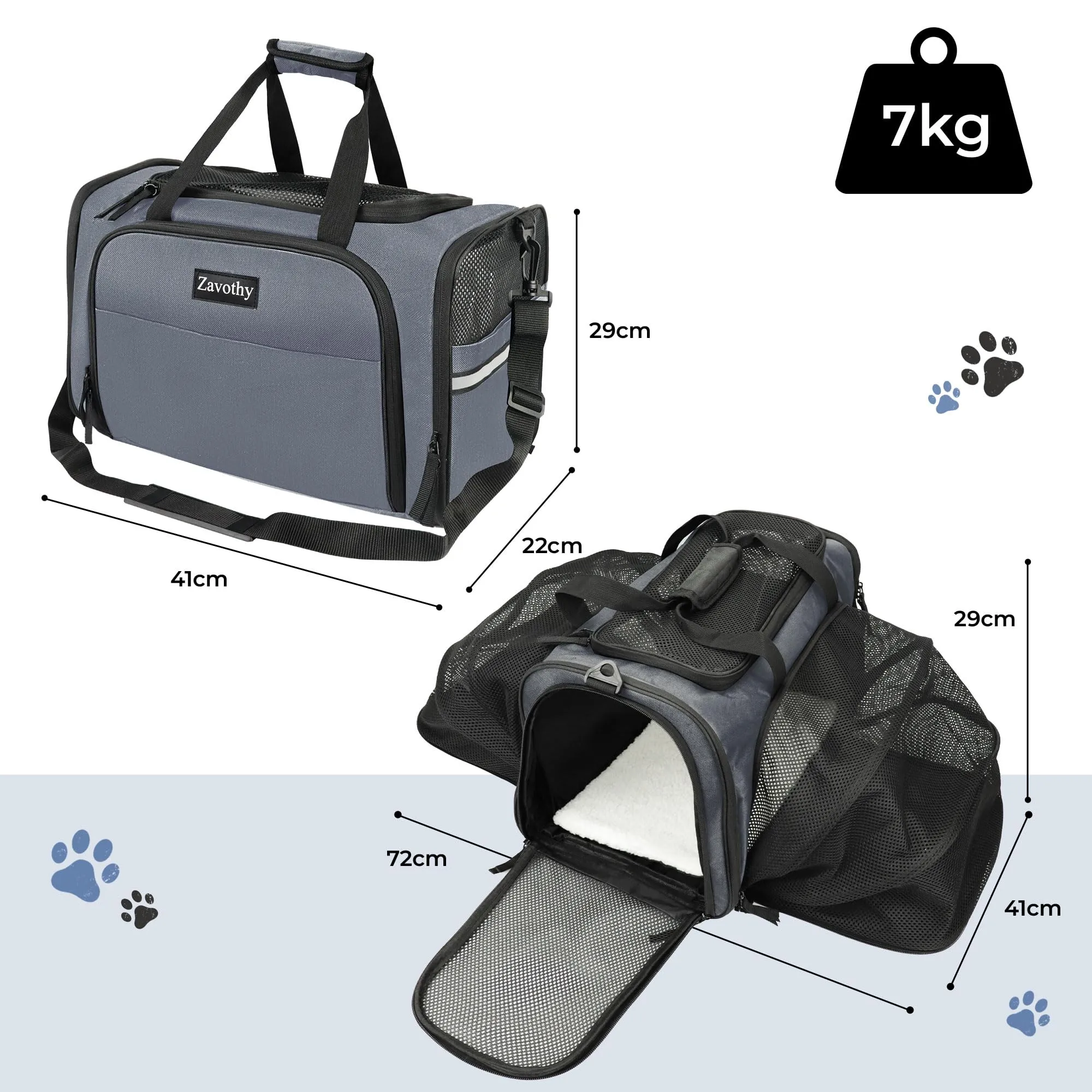 Zavothy Borsa per il Trasporto di Gatti e Cani, Traspirante e Pieghevole con Tracolla Regolabile e Materasso in Peluche Rimovibile, XL, Grigio - immagine 2