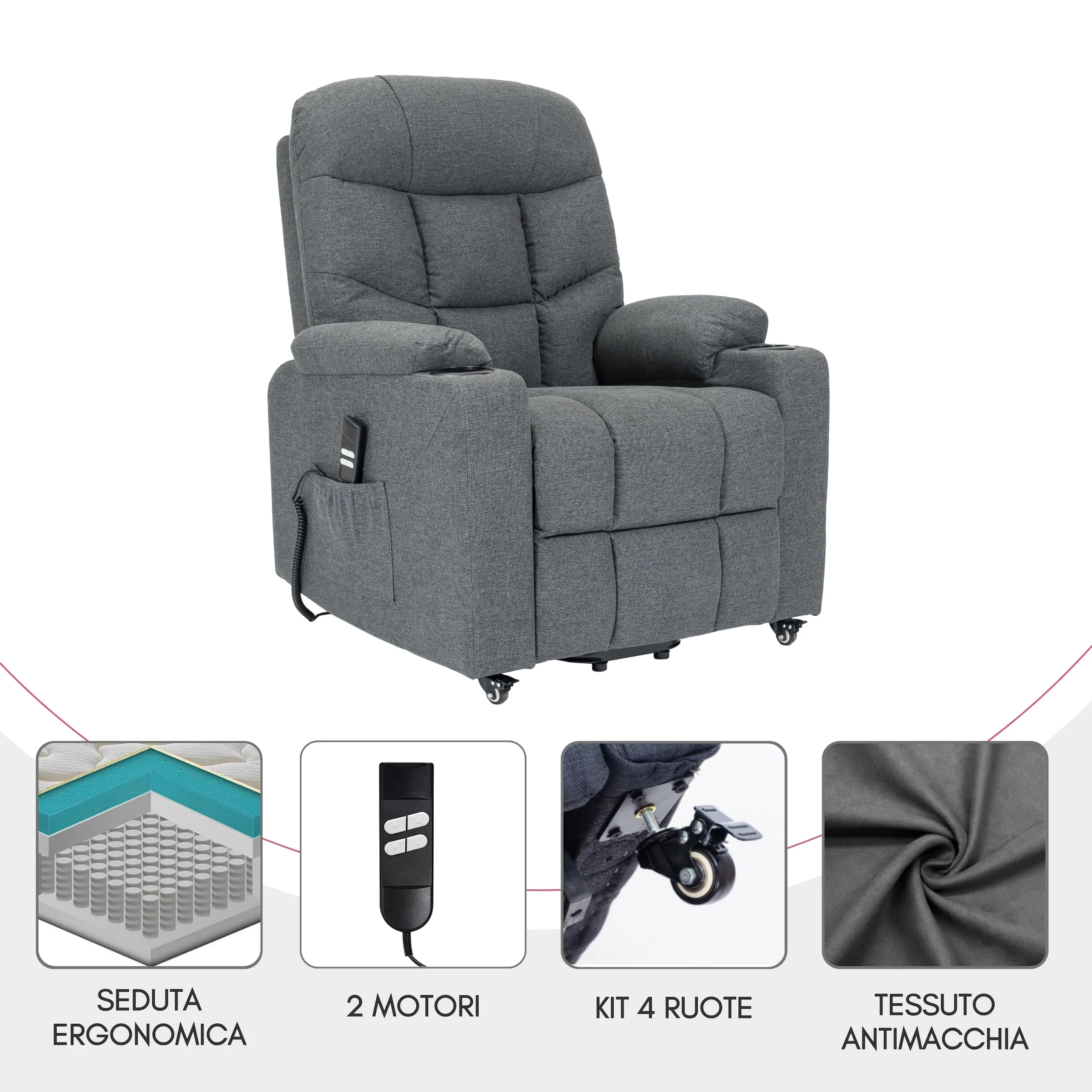 Poltrone Italia Patty 2 Poltrona Relax Elettrica 2 Motori con Riscaldamento e Vibromassaggio, Grigio Antimacchia - immagine 9