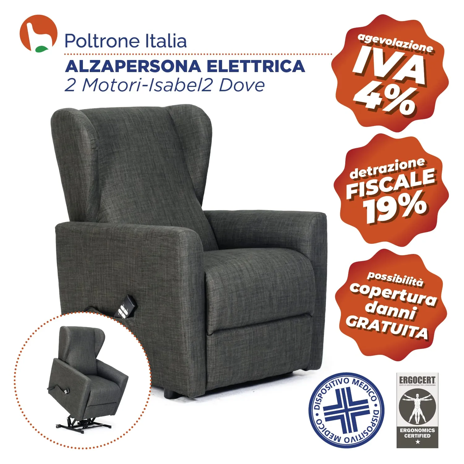 POLTRONE ITALIA Poltrona Relax Elettrica 2 Motori Elevabile, Sfoderabile e Lavabile, Marrone - immagine 4