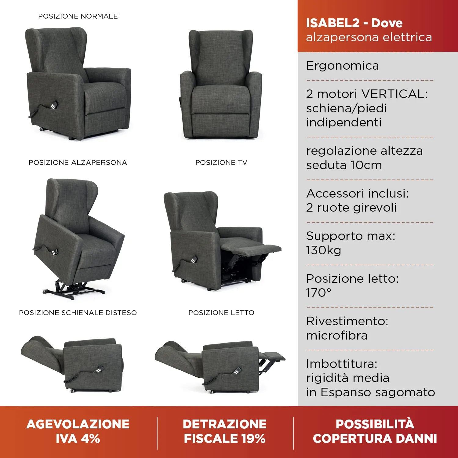 POLTRONE ITALIA Poltrona Relax Elettrica 2 Motori Elevabile, Sfoderabile e Lavabile, Marrone - immagine 6