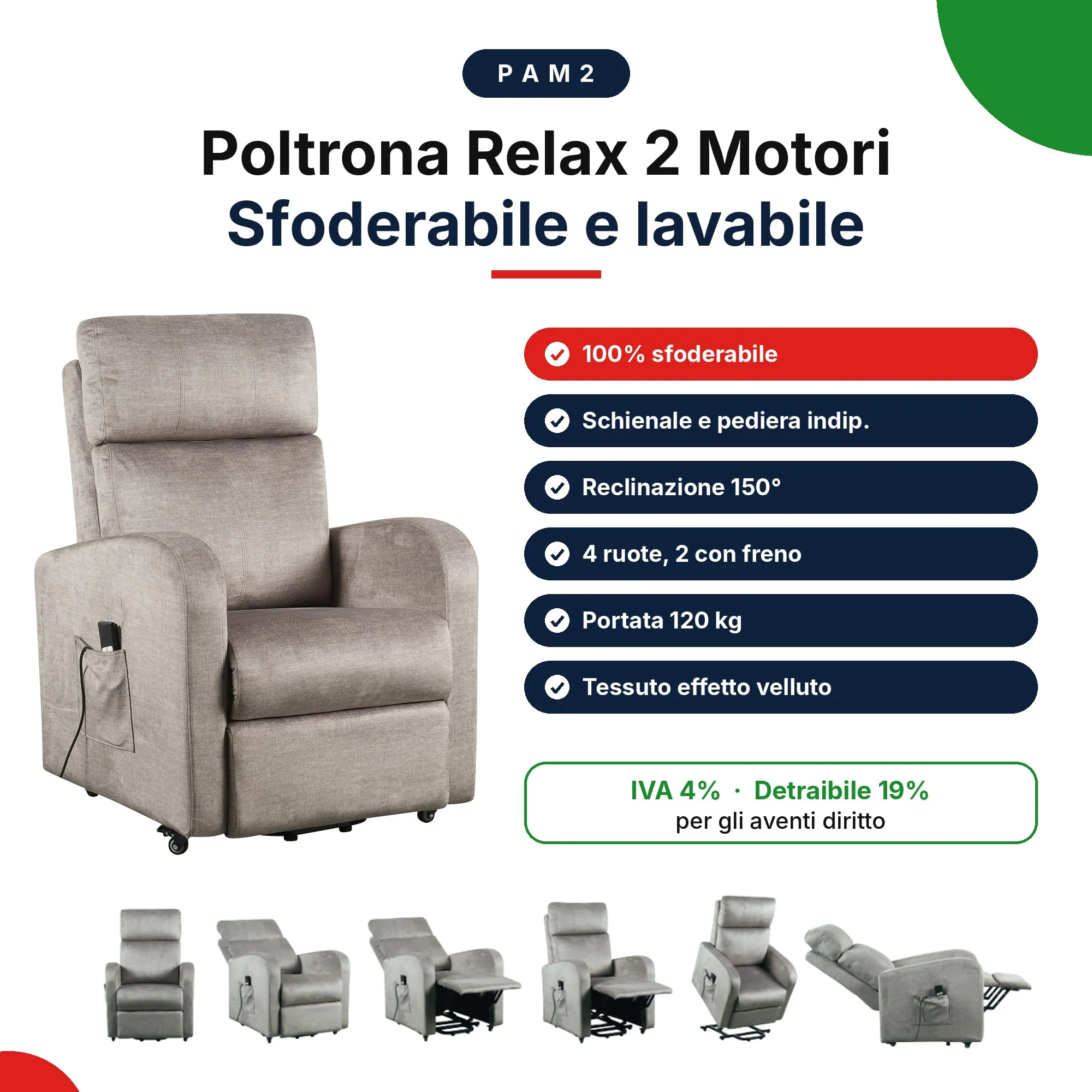 Poltrone Italia Poltrona Relax Elettrica 2 Motori, Elevabile con Ruote, Sfoderabile e Lavabile, Grigio - immagine 6