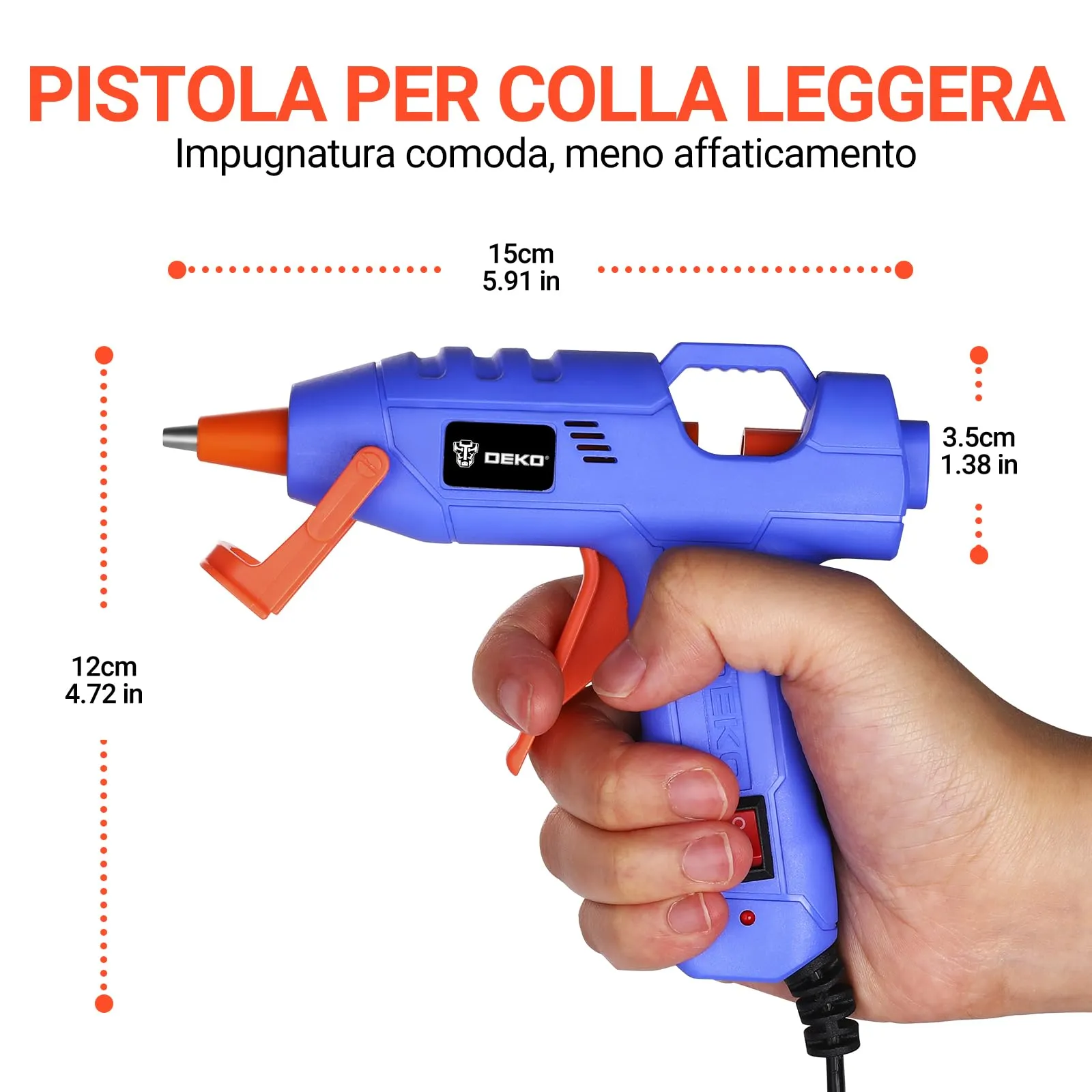 DEKOPRO Pistola Colla a Caldo 20W con 30 Stick di Colla, Blu Navy-Arancione - immagine 2