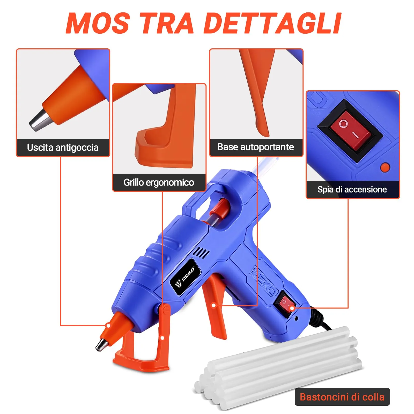DEKOPRO Pistola Colla a Caldo 20W con 30 Stick di Colla, Blu Navy-Arancione - immagine 3