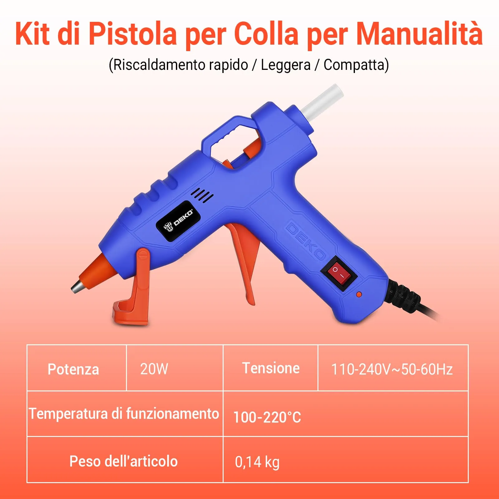 DEKOPRO Pistola Colla a Caldo 20W con 30 Stick di Colla, Blu Navy-Arancione - immagine 4