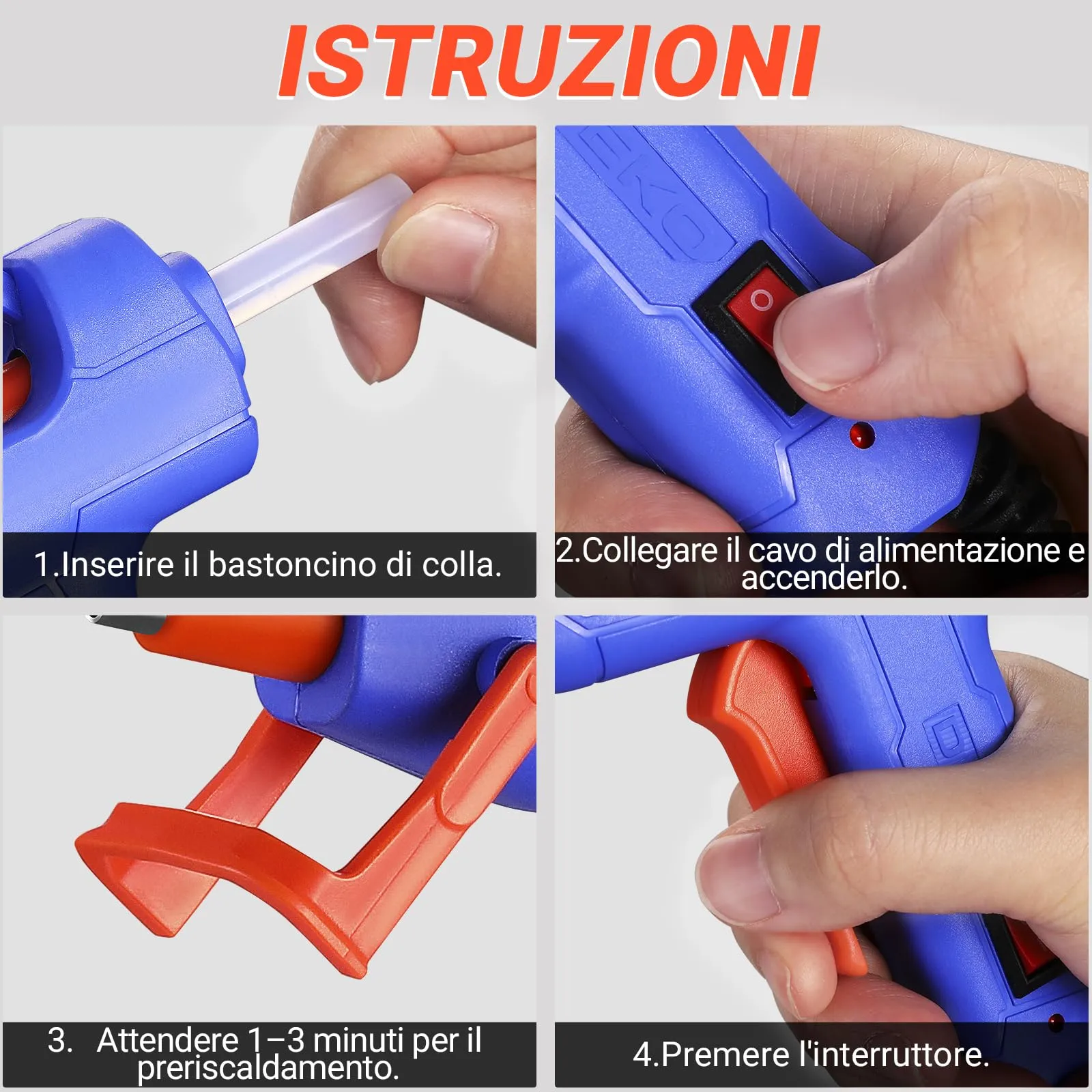 DEKOPRO Pistola Colla a Caldo 20W con 30 Stick di Colla, Blu Navy-Arancione - immagine 6