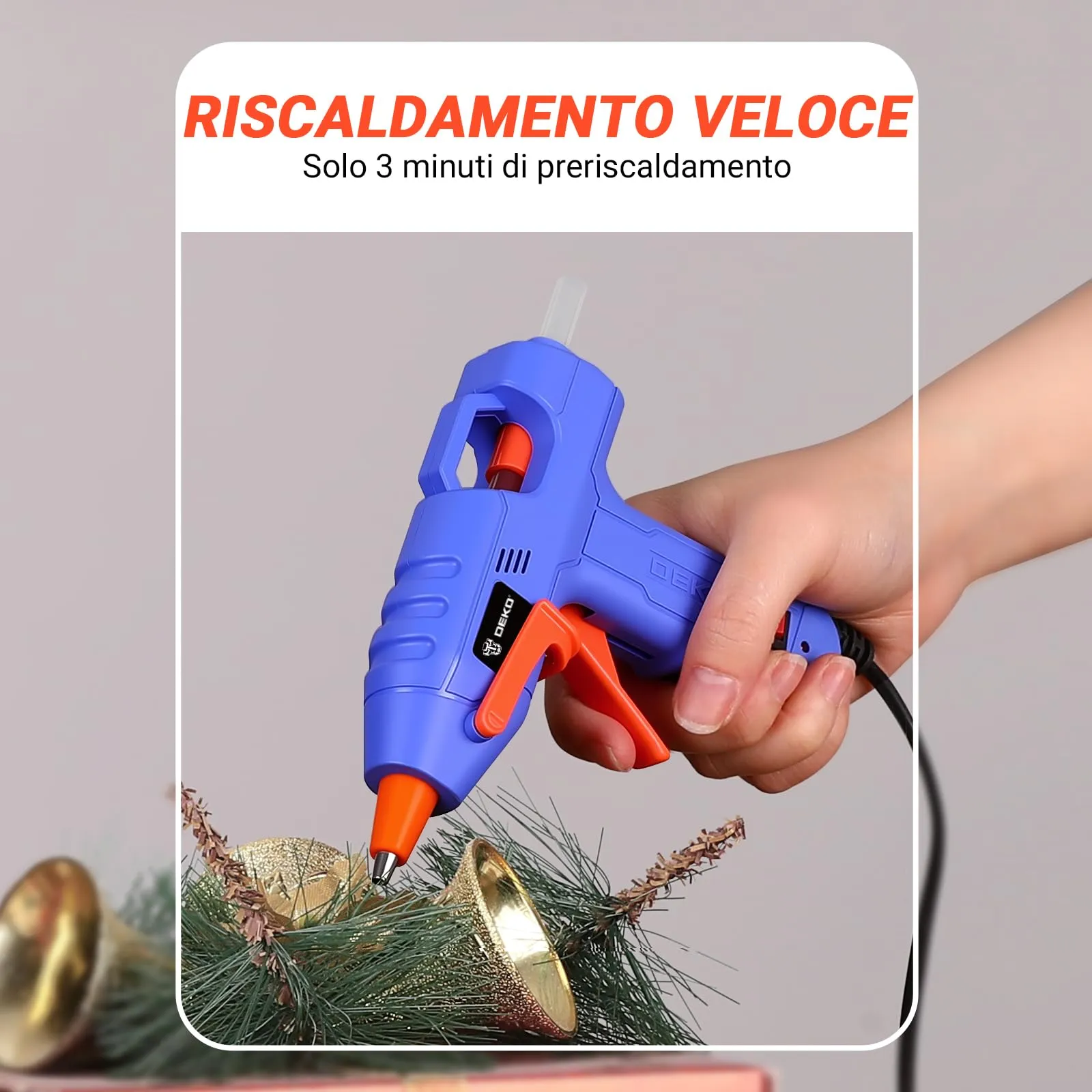 DEKOPRO Pistola Colla a Caldo 20W con 30 Stick di Colla, Blu Navy-Arancione - immagine 8