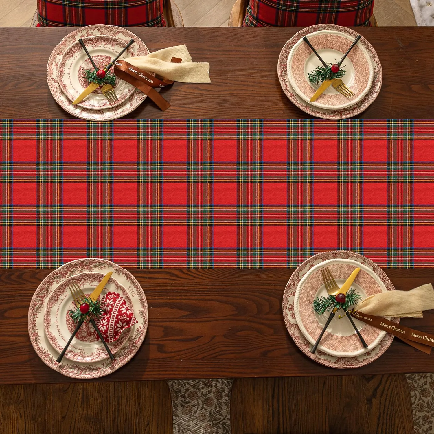 Softalker Runner da tavola natalizio a scacchi rosso, 33 x 304,8 cm - immagine 3