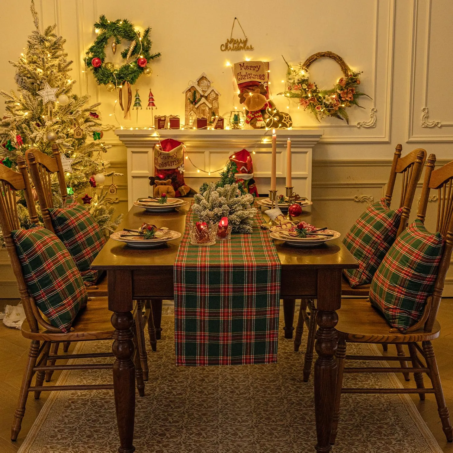 Softalker Runner da Tavola Natalizio a Scacchi Tartan Buffalo Plaid Verde, Antimacchia e Lavabile, 33 x 304,8 cm - immagine 6