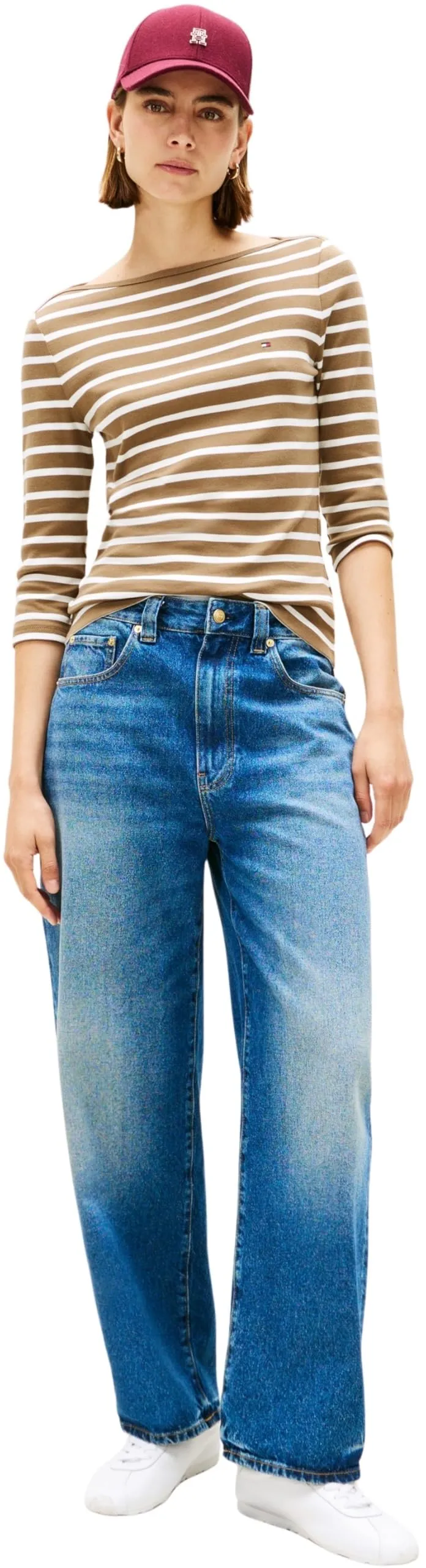 Tommy Hilfiger Donna Maglietta Maniche Lunghe New Cody Slim Scollo a Barca, Nordic Taupe/Ecru STP, XXS - immagine 5
