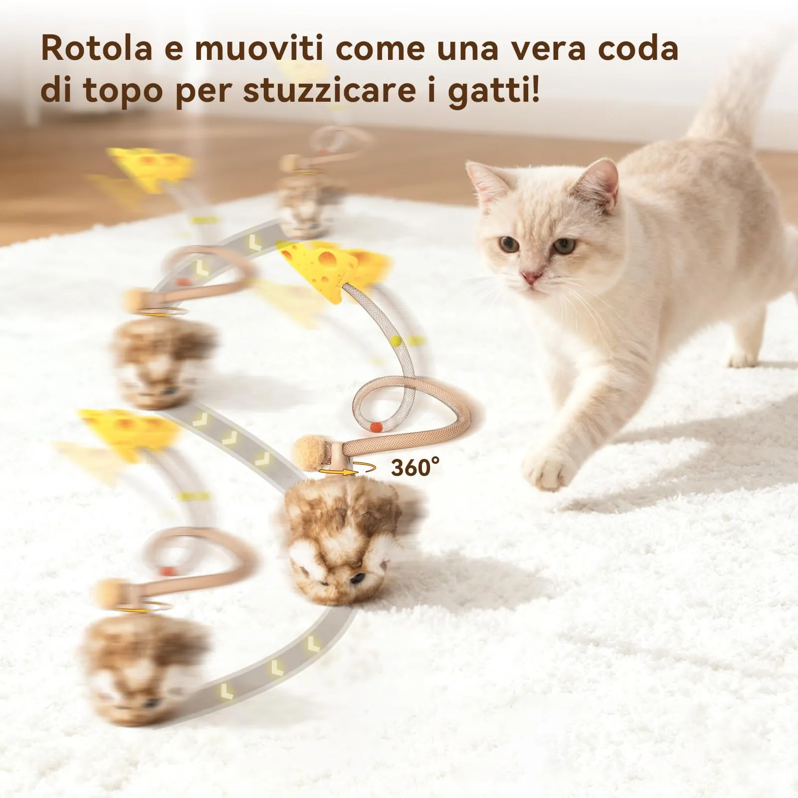 Migipaws Giocattolo Interattivo per Gatti, Topolino Elettrico Ricaricabile con Sensore Intelligente, Coda Mobile, Squittio ed Erba Gatta - immagine 2