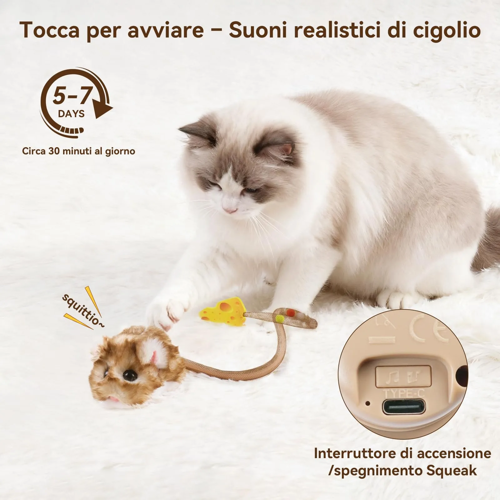 Migipaws Giocattolo Interattivo per Gatti, Topolino Elettrico Ricaricabile con Sensore Intelligente, Coda Mobile, Squittio ed Erba Gatta - immagine 3