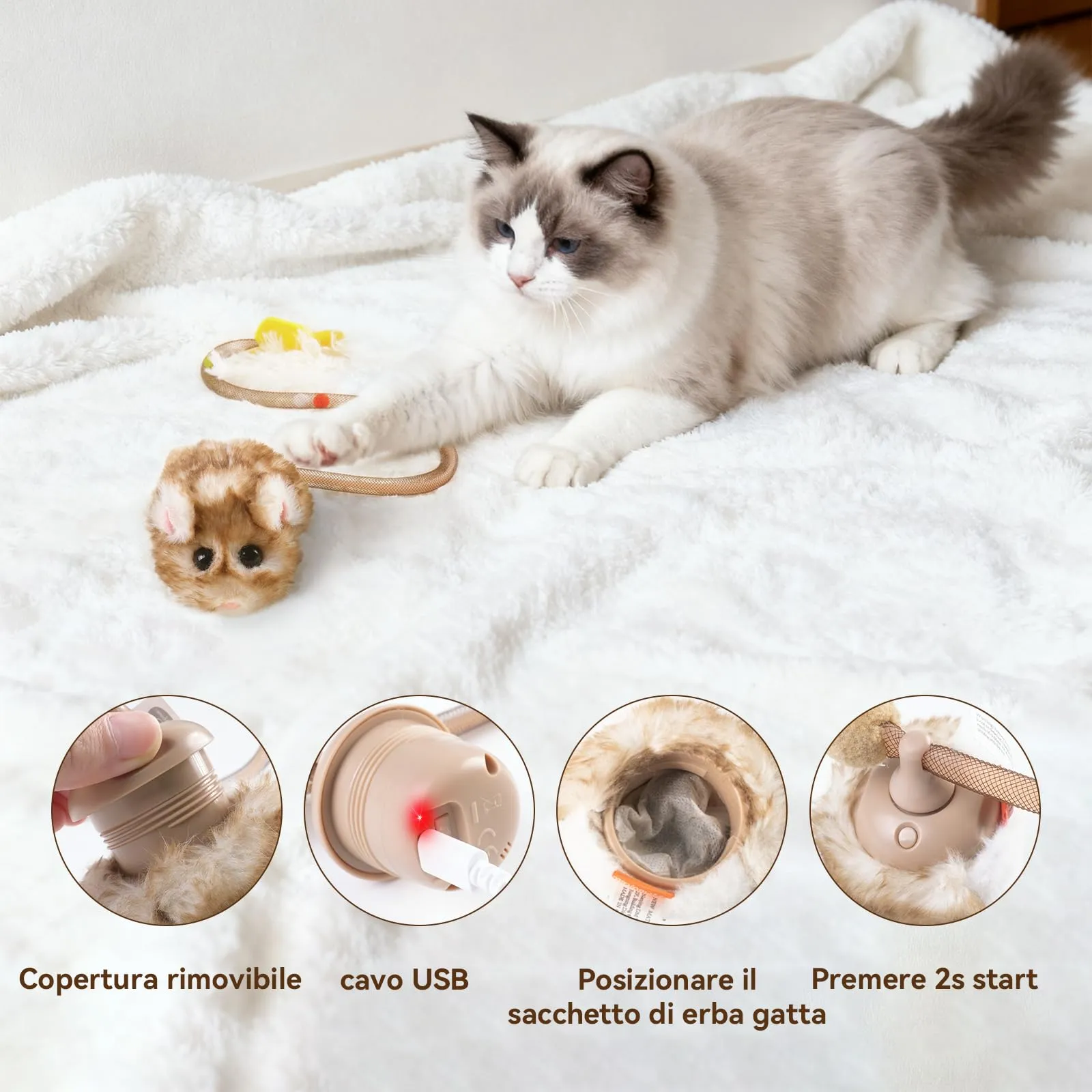 Migipaws Giocattolo Interattivo per Gatti, Topolino Elettrico Ricaricabile con Sensore Intelligente, Coda Mobile, Squittio ed Erba Gatta - immagine 6