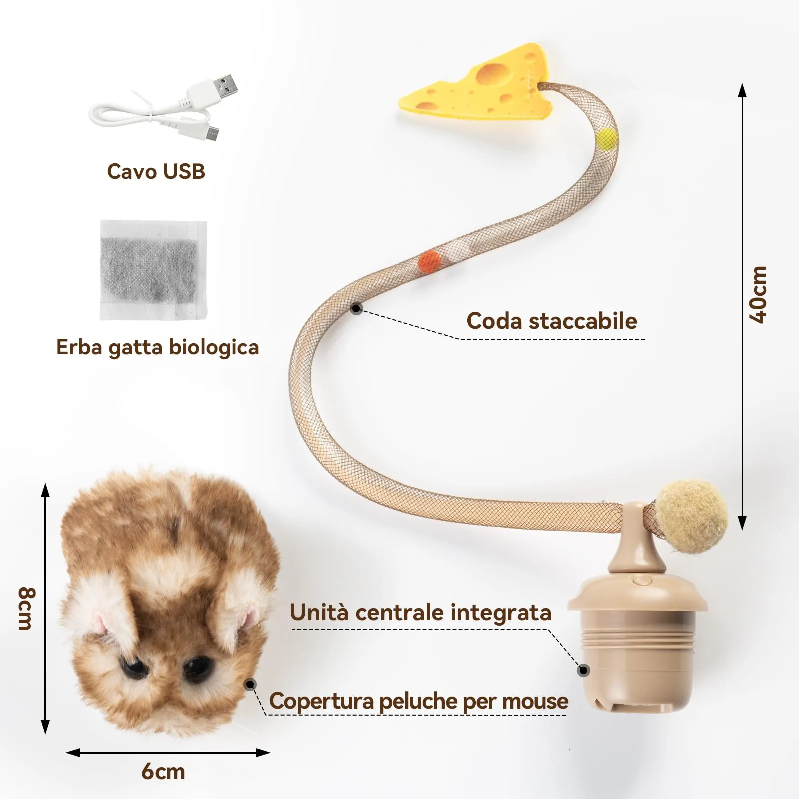 Migipaws Giocattolo Interattivo per Gatti, Topolino Elettrico Ricaricabile con Sensore Intelligente, Coda Mobile, Squittio ed Erba Gatta - immagine 7