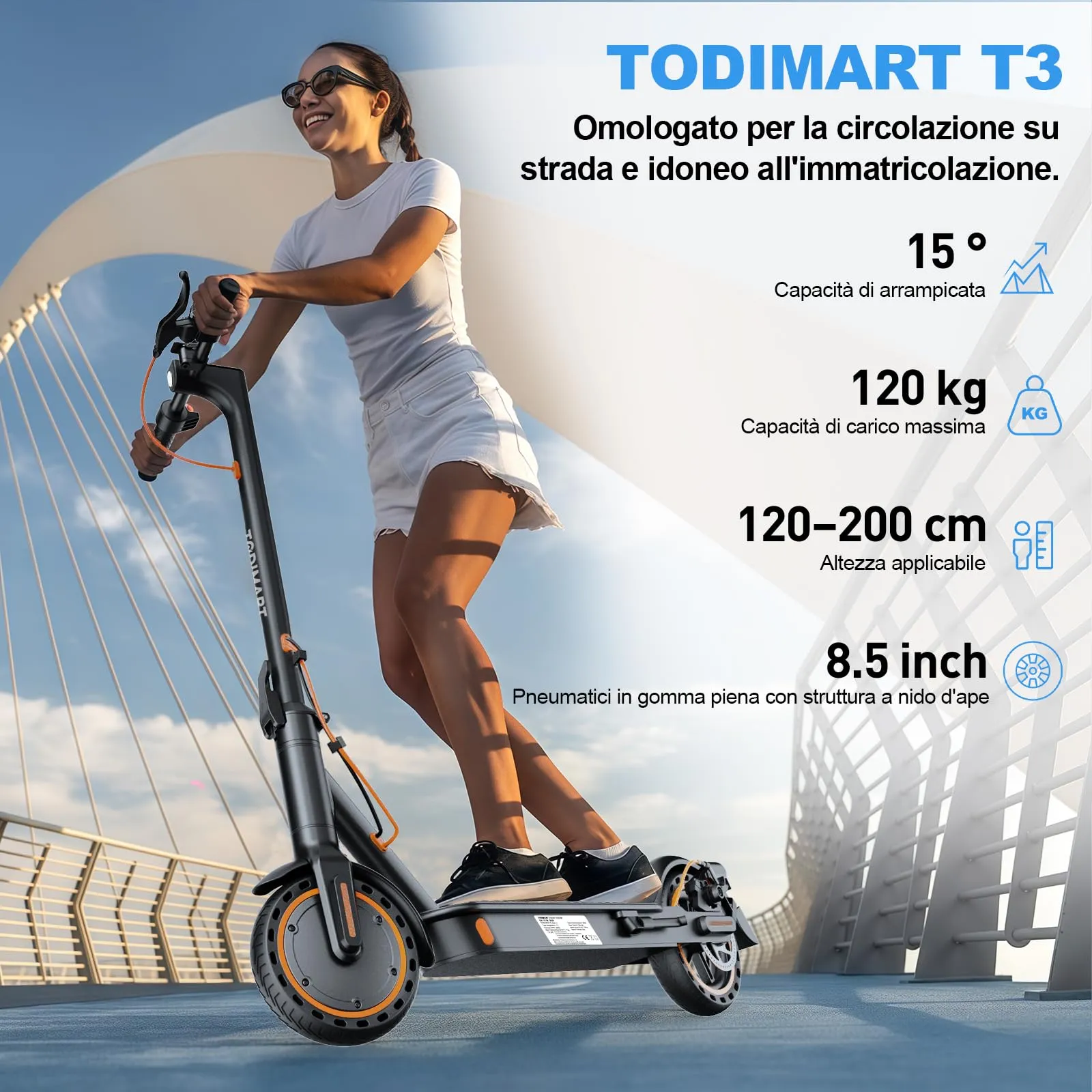 TODIMART T3 Monopattino Elettrico Adulto 350W, 35km Autonomia, 25 km/h, Pneumatici 8.5", Pieghevole - immagine 4