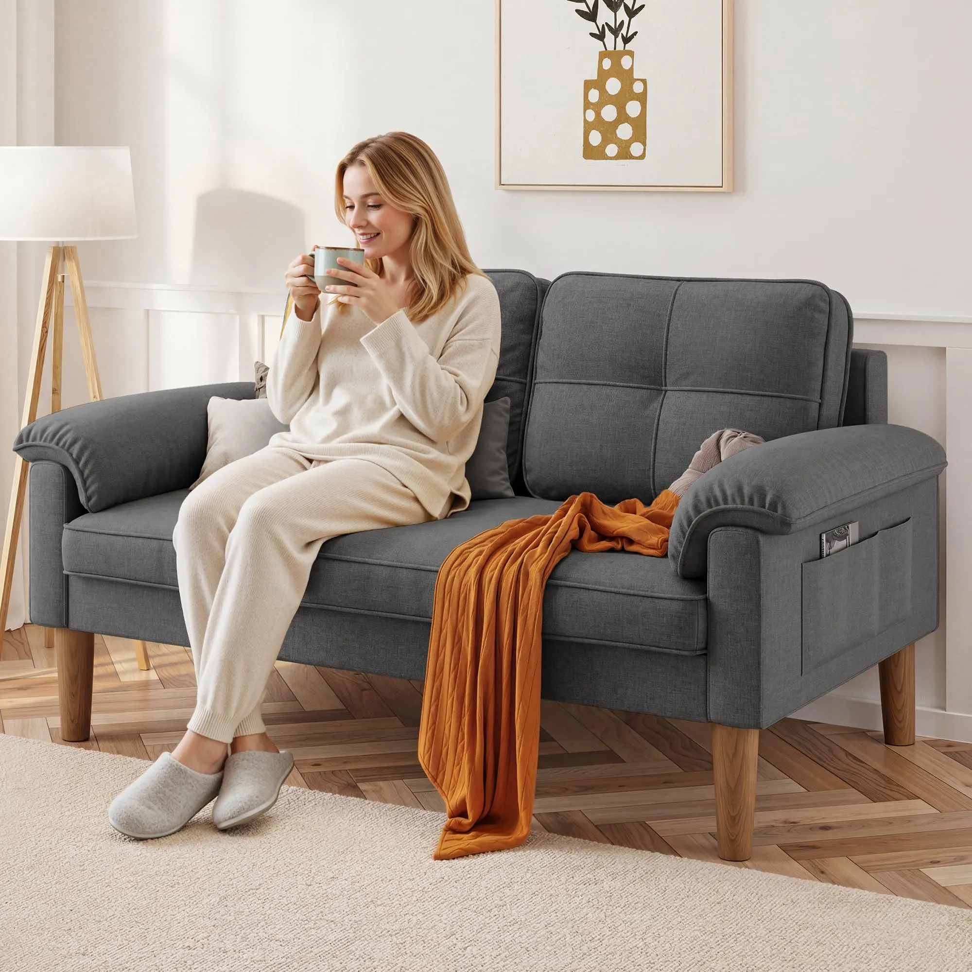 Xbro Divano a 2 Posti con Braccioli e Tasche Laterali, 145 x 77 x 77 cm, Grigio Scuro - immagine 4
