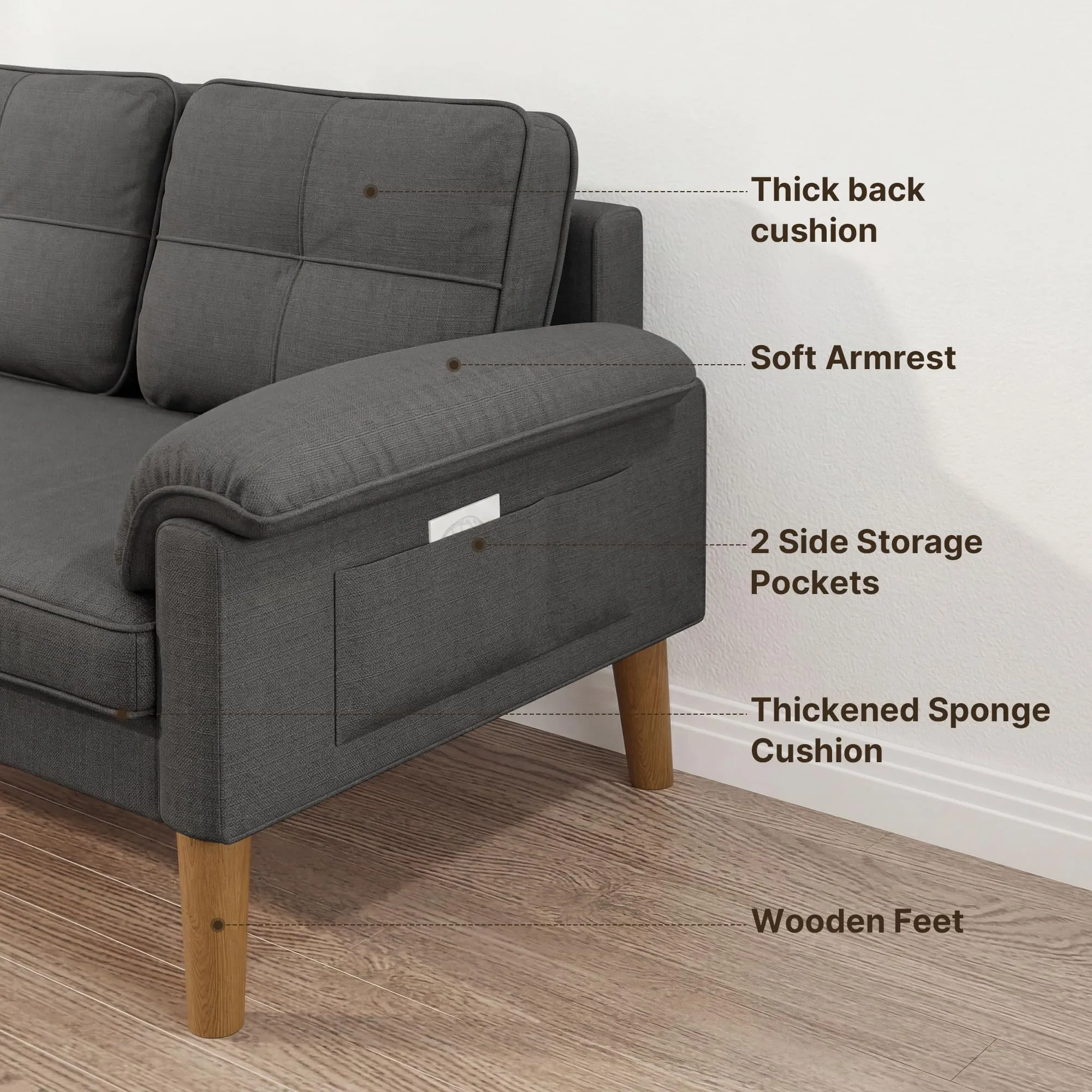 Xbro Divano a 2 Posti con Braccioli e Tasche Laterali, 145 x 77 x 77 cm, Grigio Scuro - immagine 7